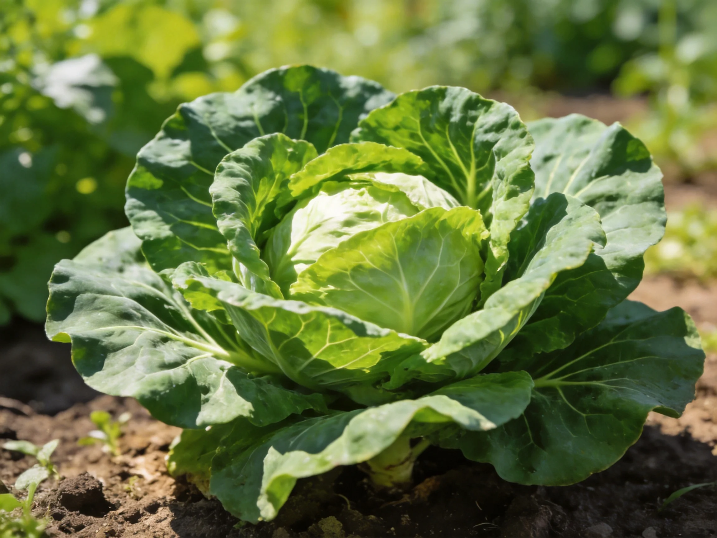 A large green cabbage with broad leaves growing in soil