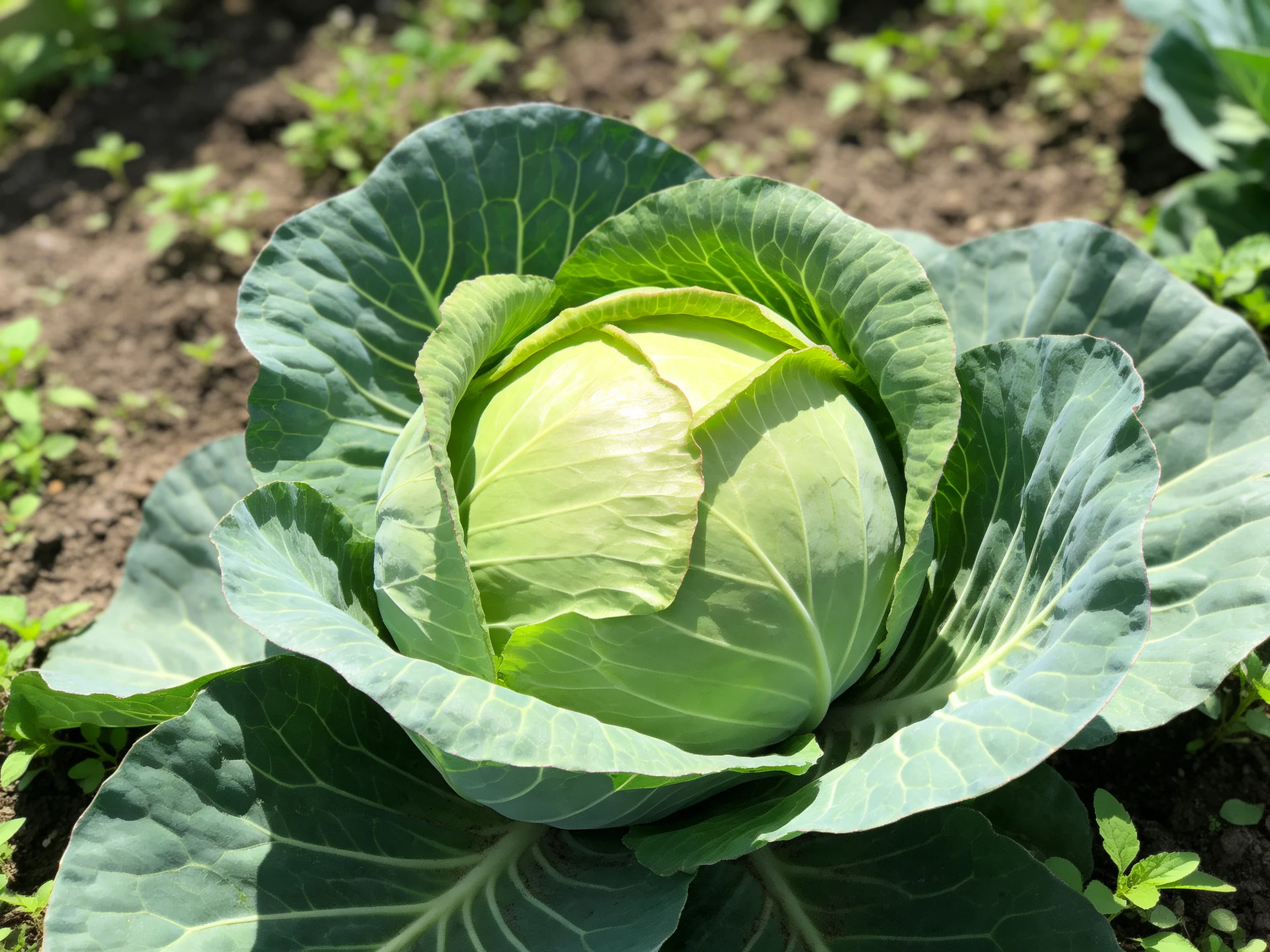 A large green cabbage with broad leaves in a garden