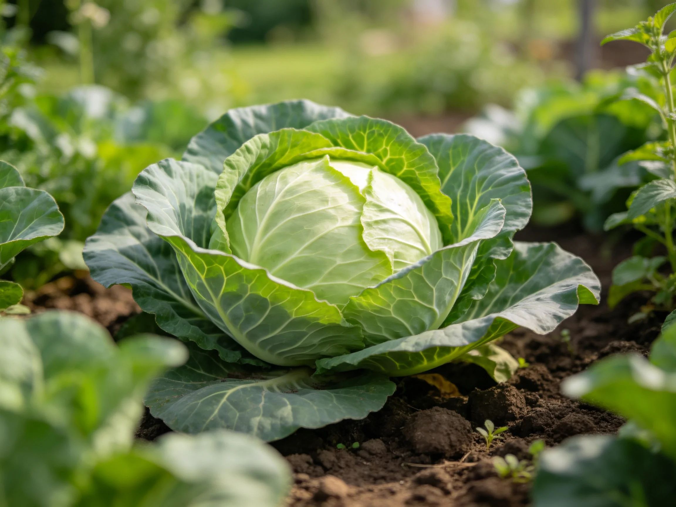 A large green cabbage with broad leaves in a sunlit garden bed