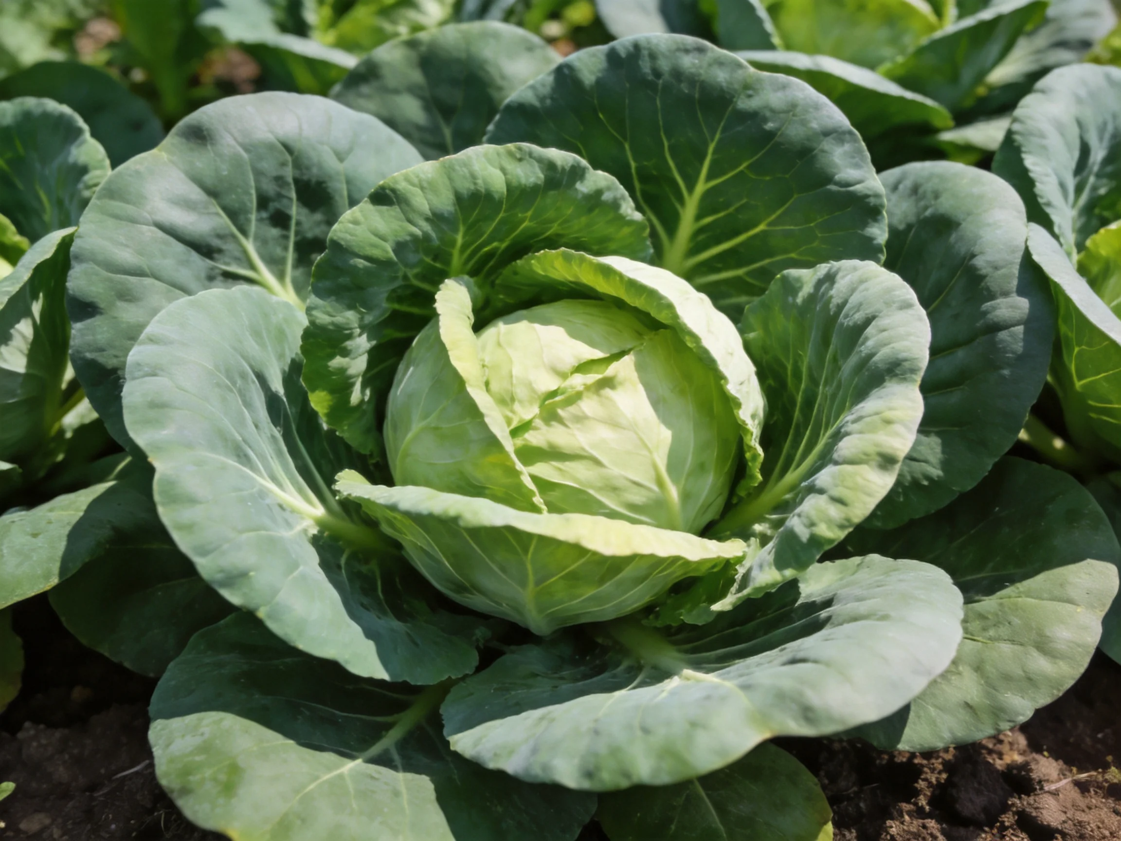 A large green cabbage with broad leaves in a sunlit garden