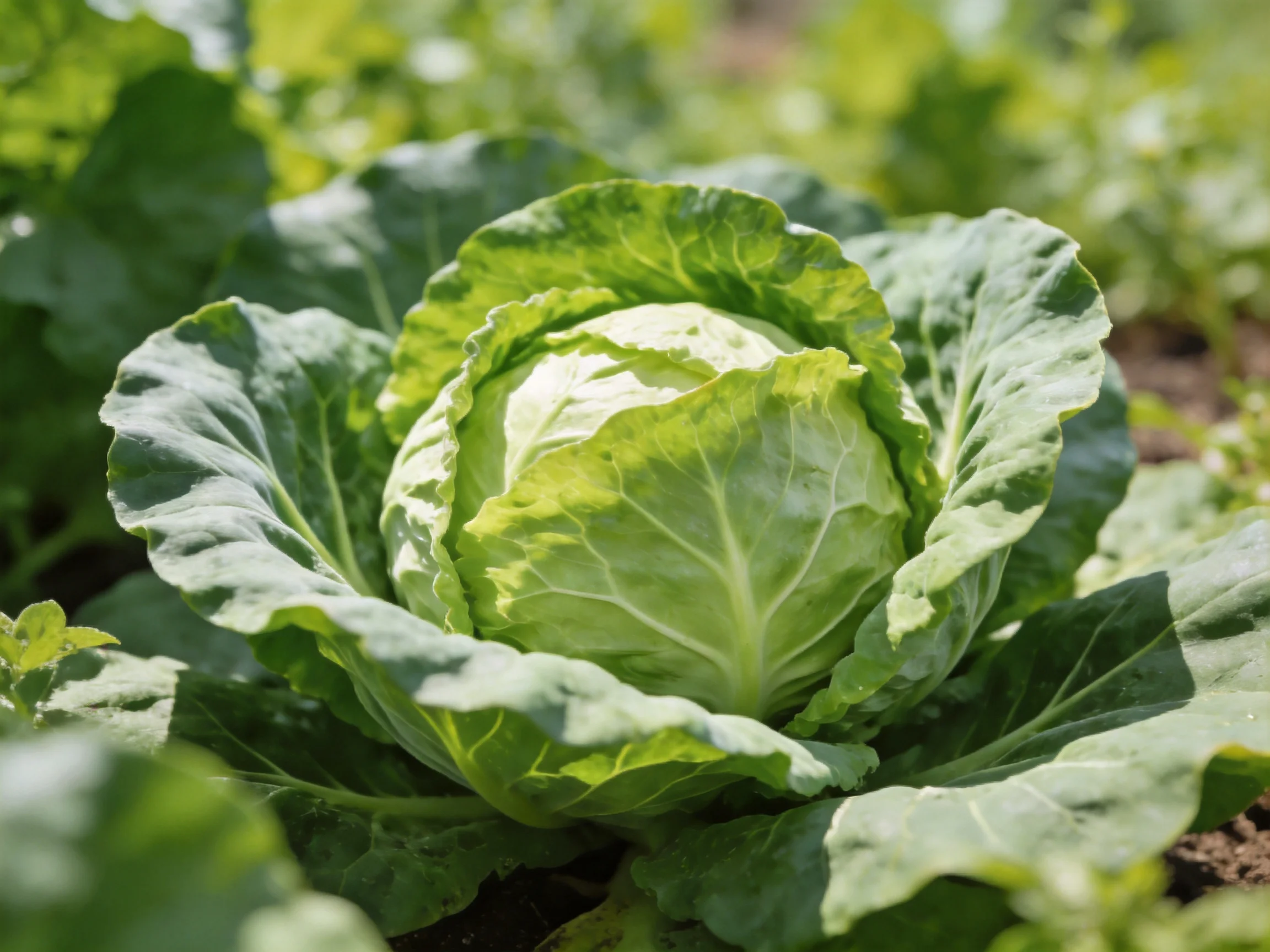A large green cabbage with broad leaves in a sunlit vegetable garden