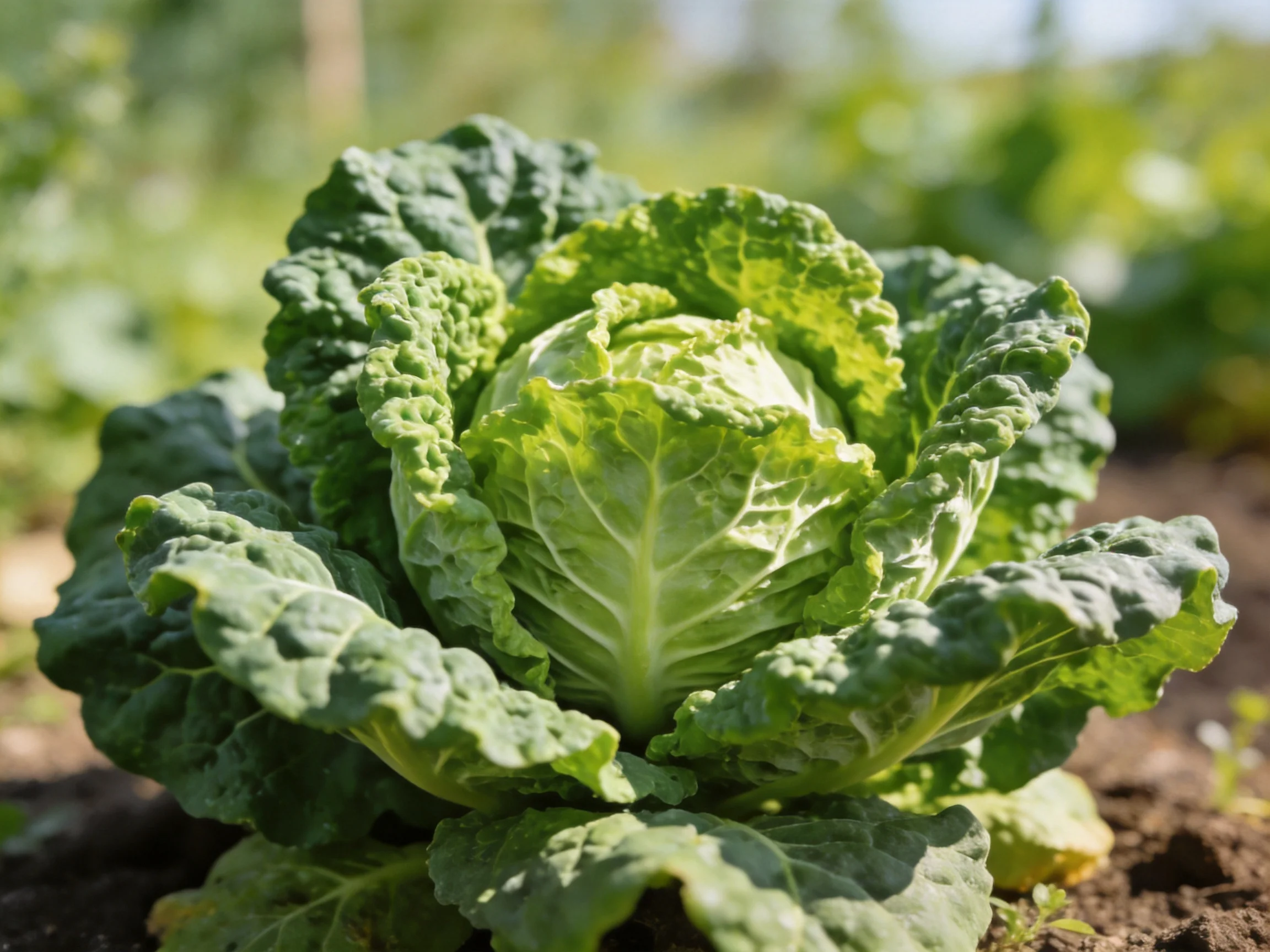 A large green cabbage with crinkled leaves grows in a sunlit garden