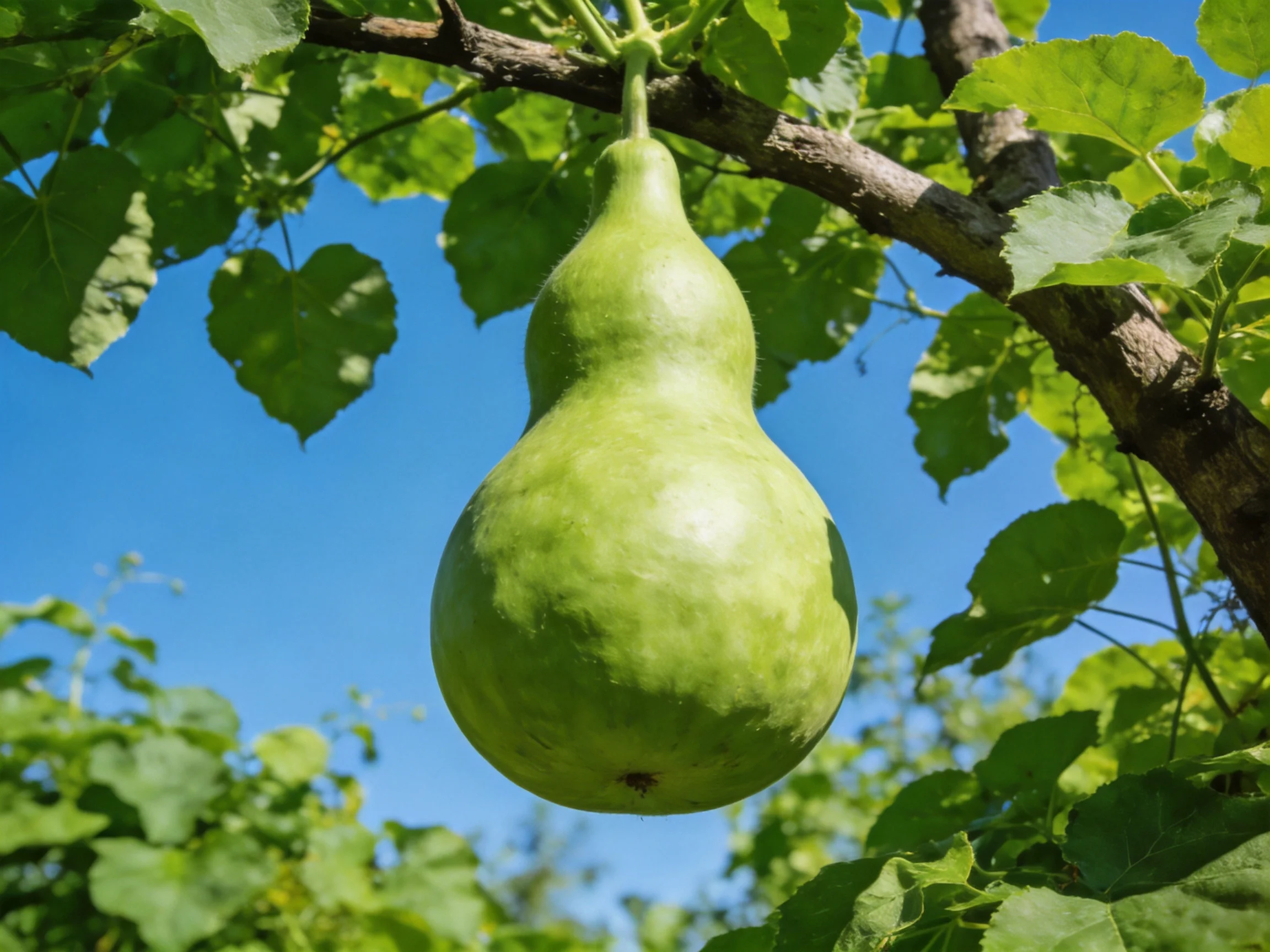 A large green gourd hangs from a tree branch amid lush green foliage and a clear blue sky