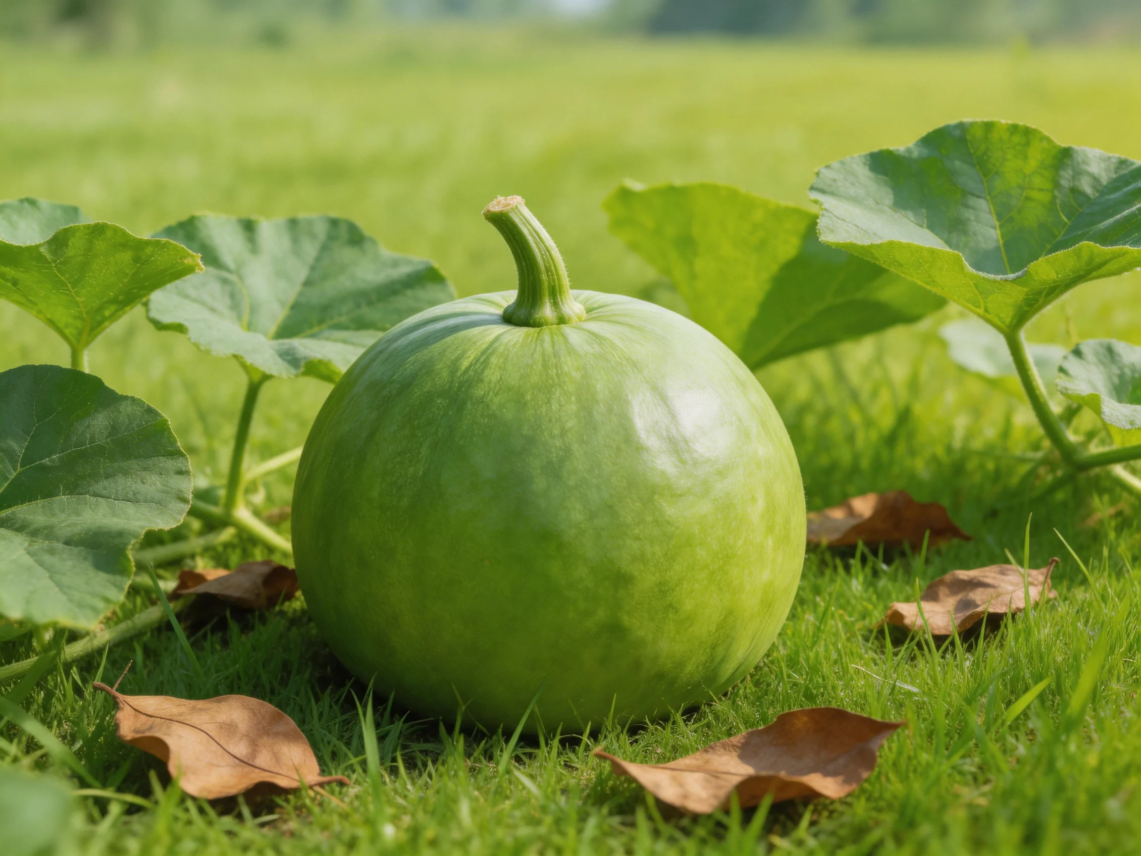 A large green gourd rests on grass with broad leaves