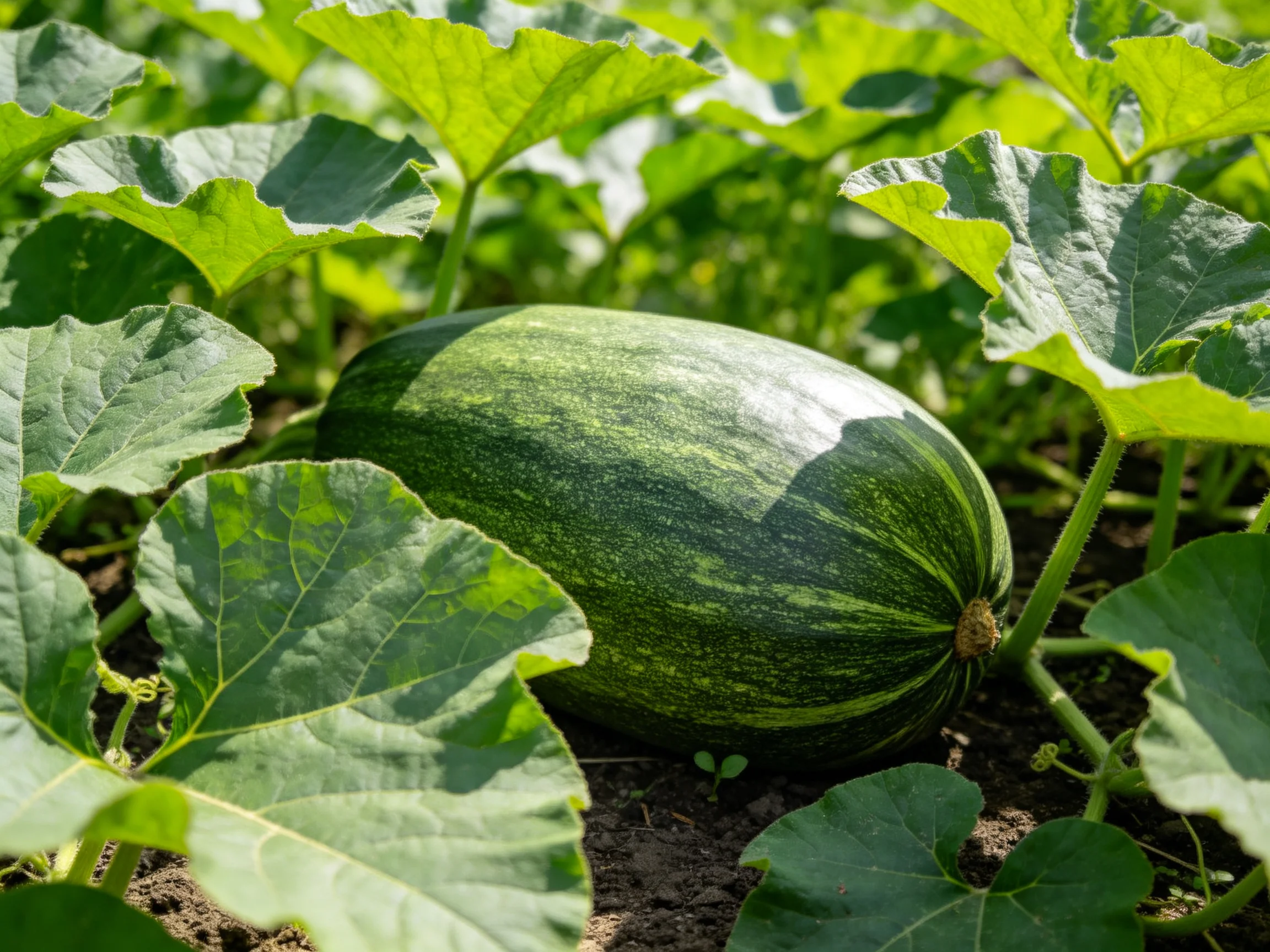 A large green-striped squash grows among broad, glossy leaves