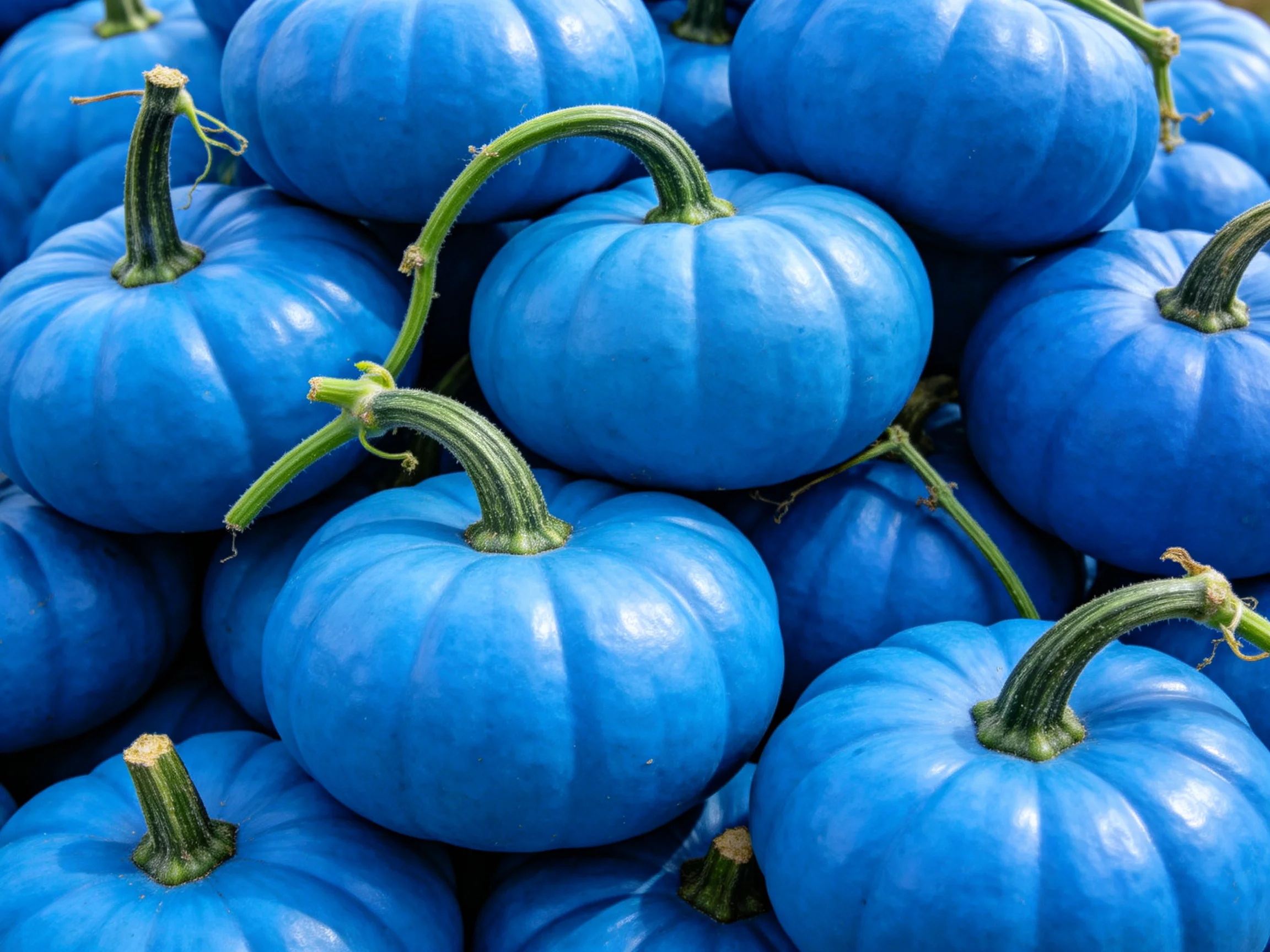 A large group of bright blue pumpkins stacked closely together