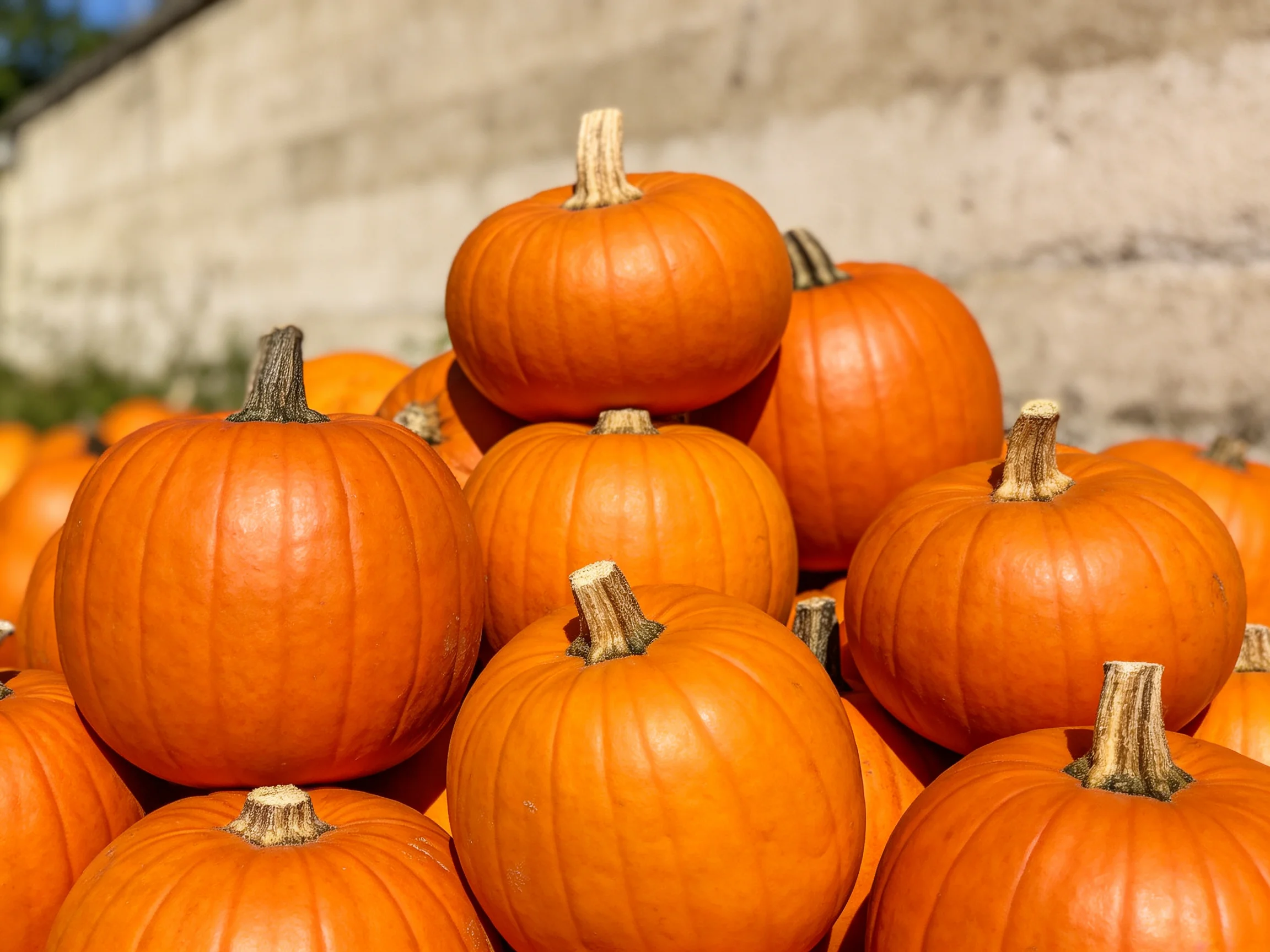 A large group of bright orange pumpkins stacked near a stone wall