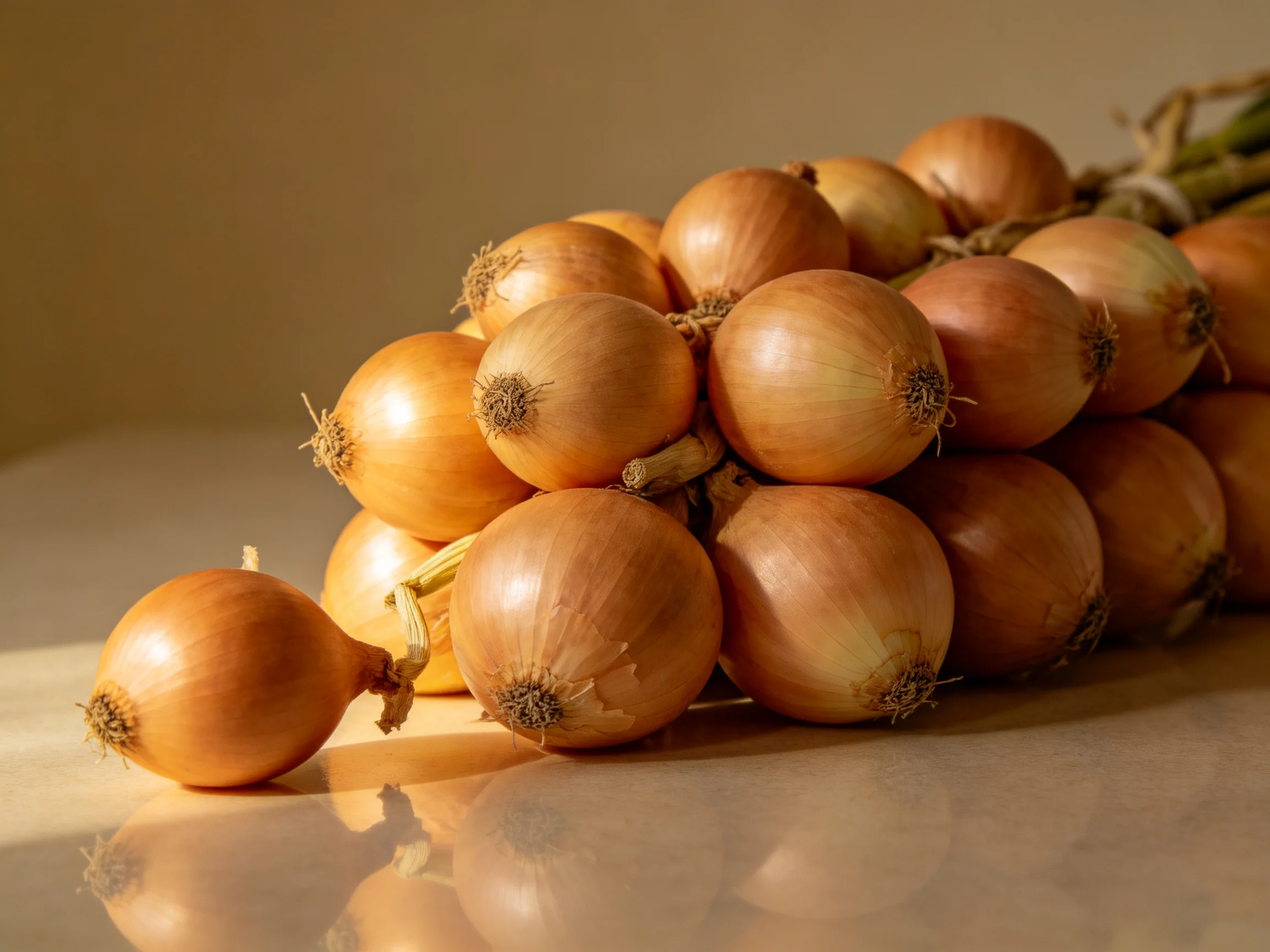 A large group of golden-brown onions gathered on a smooth surface