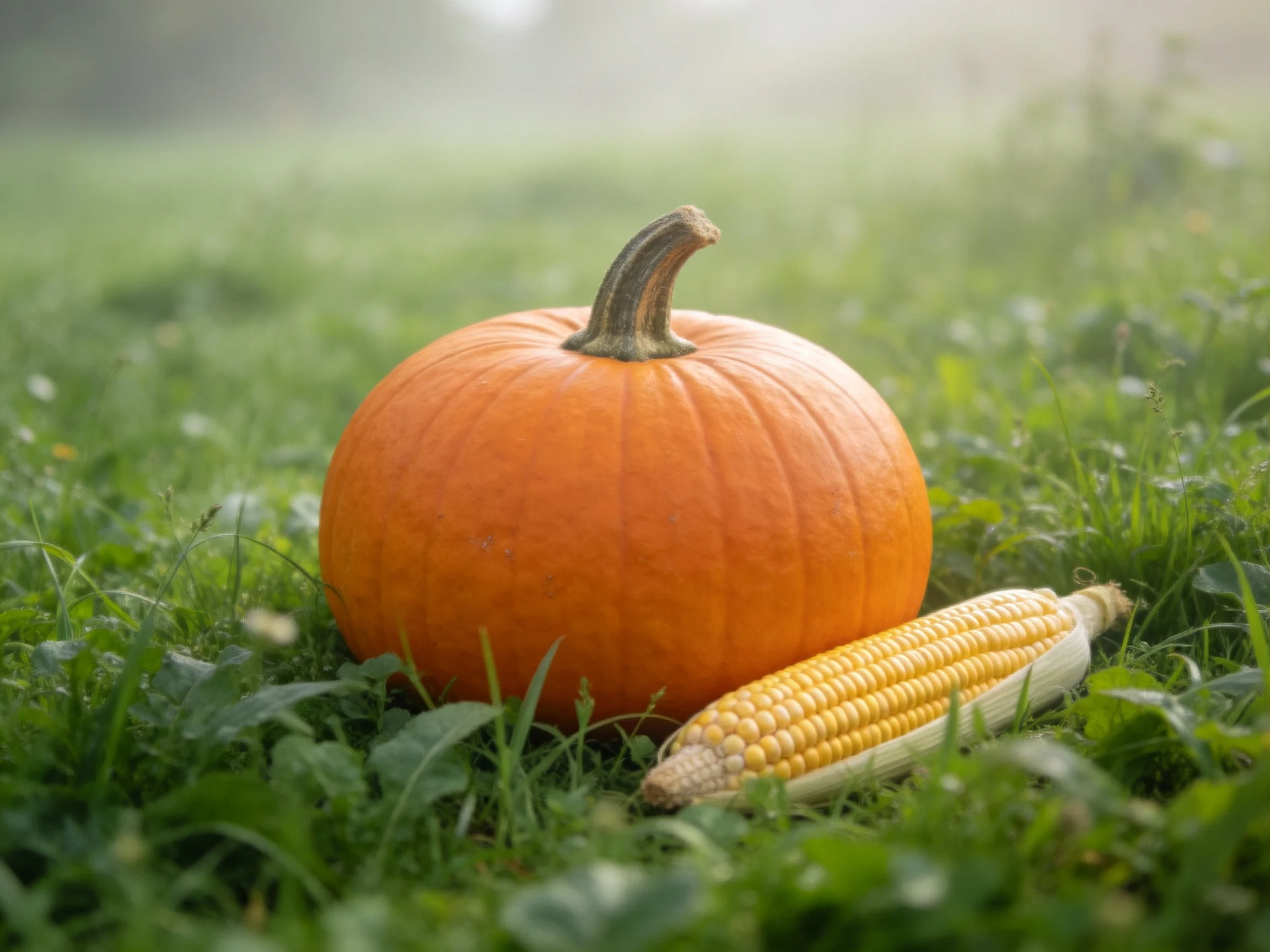 A large orange pumpkin and an ear of corn rest on green grass in a misty field