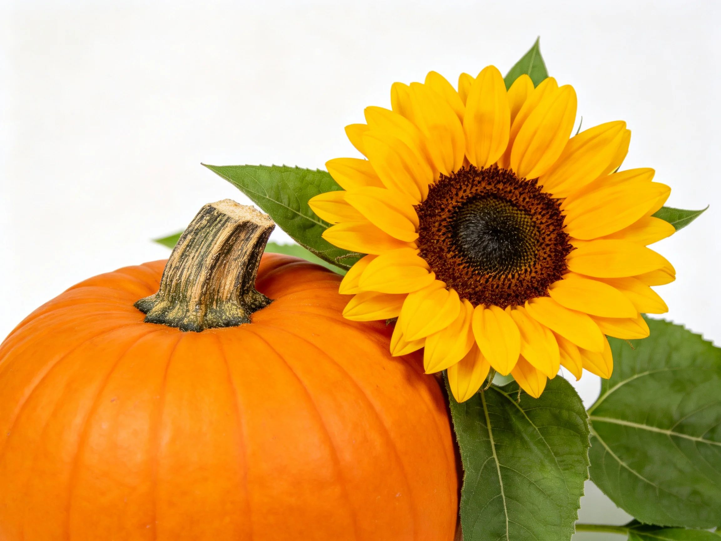 A large orange pumpkin beside a bright yellow sunflower with green leaves