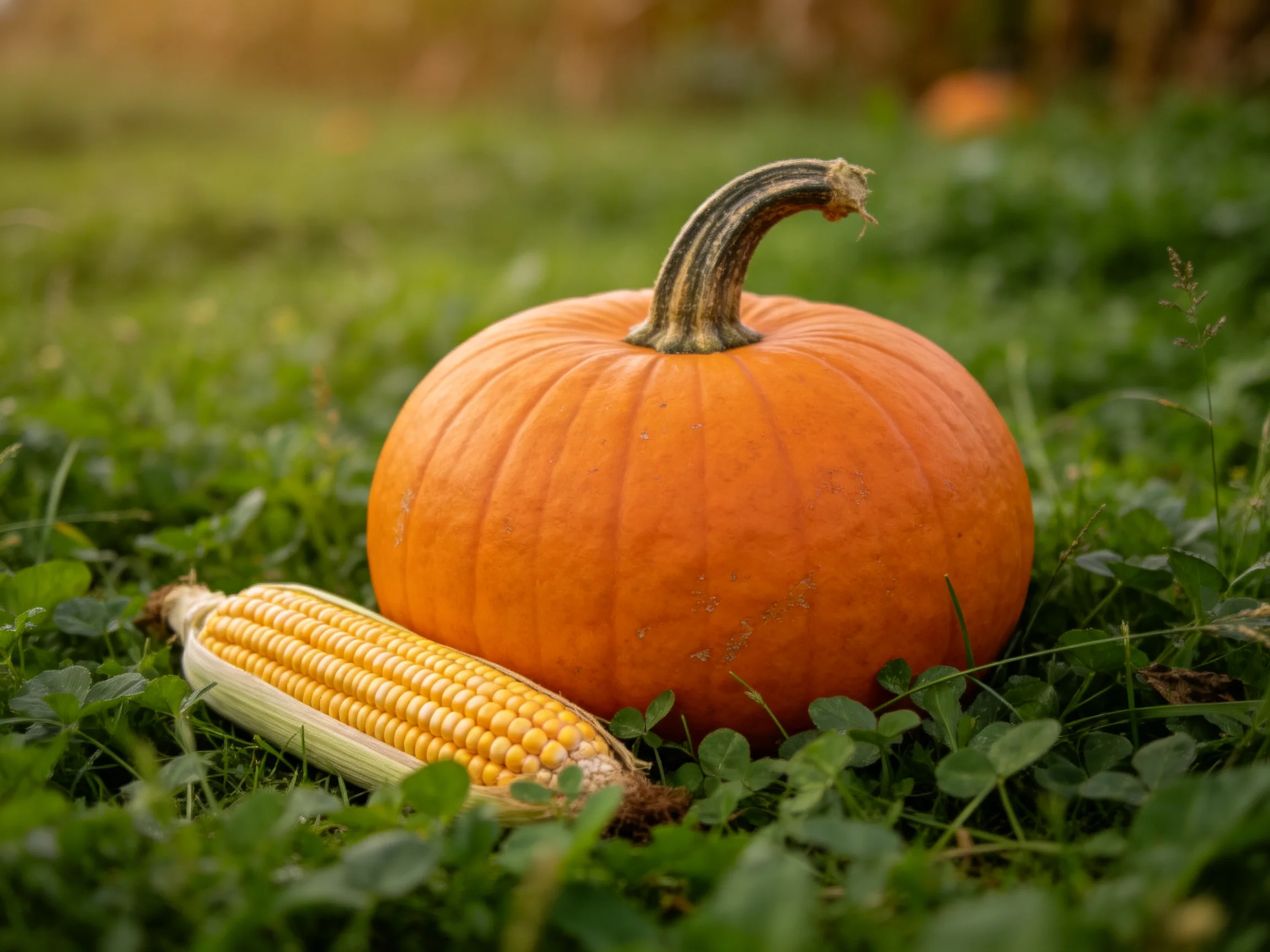 A large orange pumpkin beside a single ear of corn on lush green grass