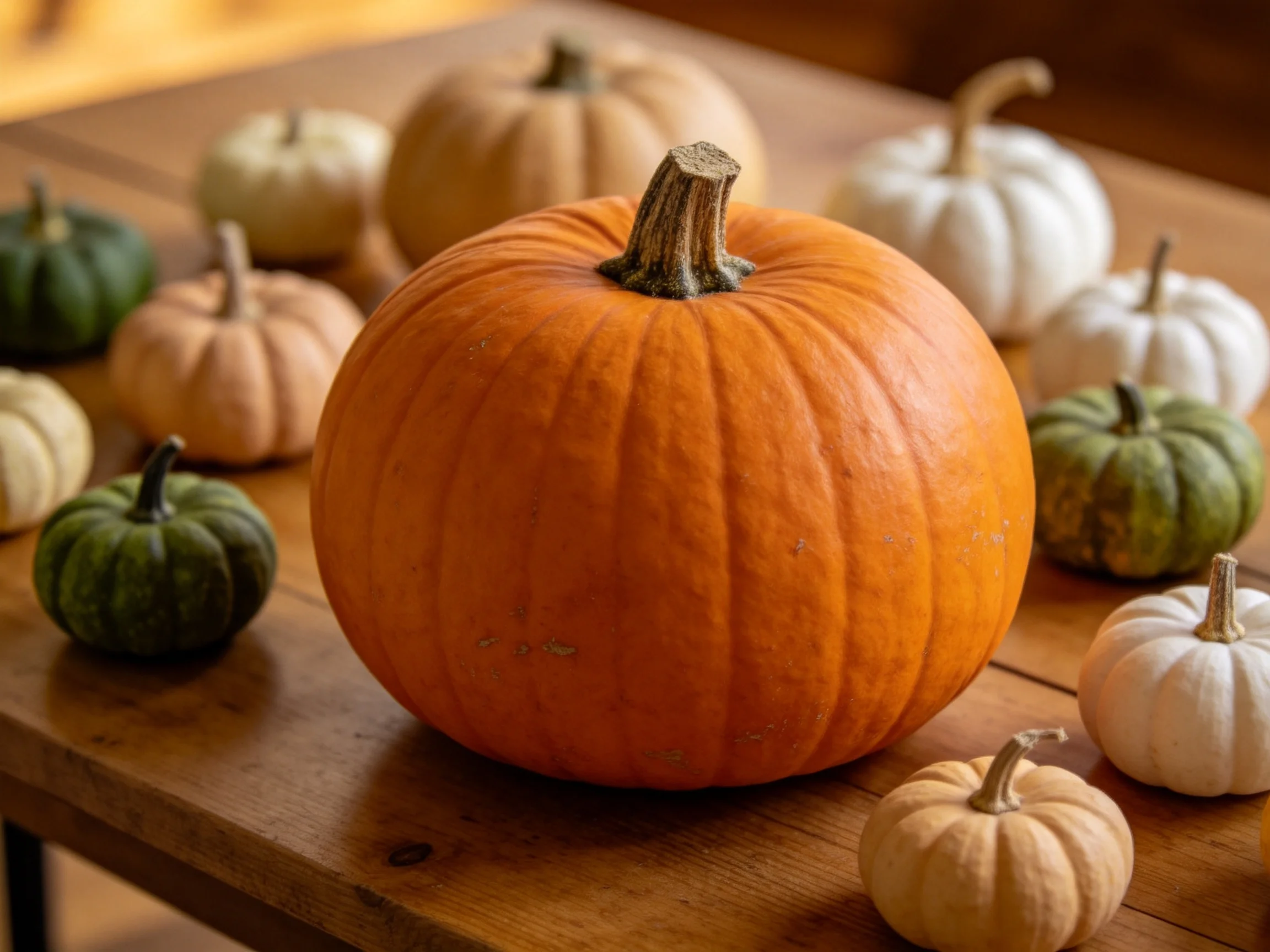 A large orange pumpkin centered among diverse small-sized pumpkins