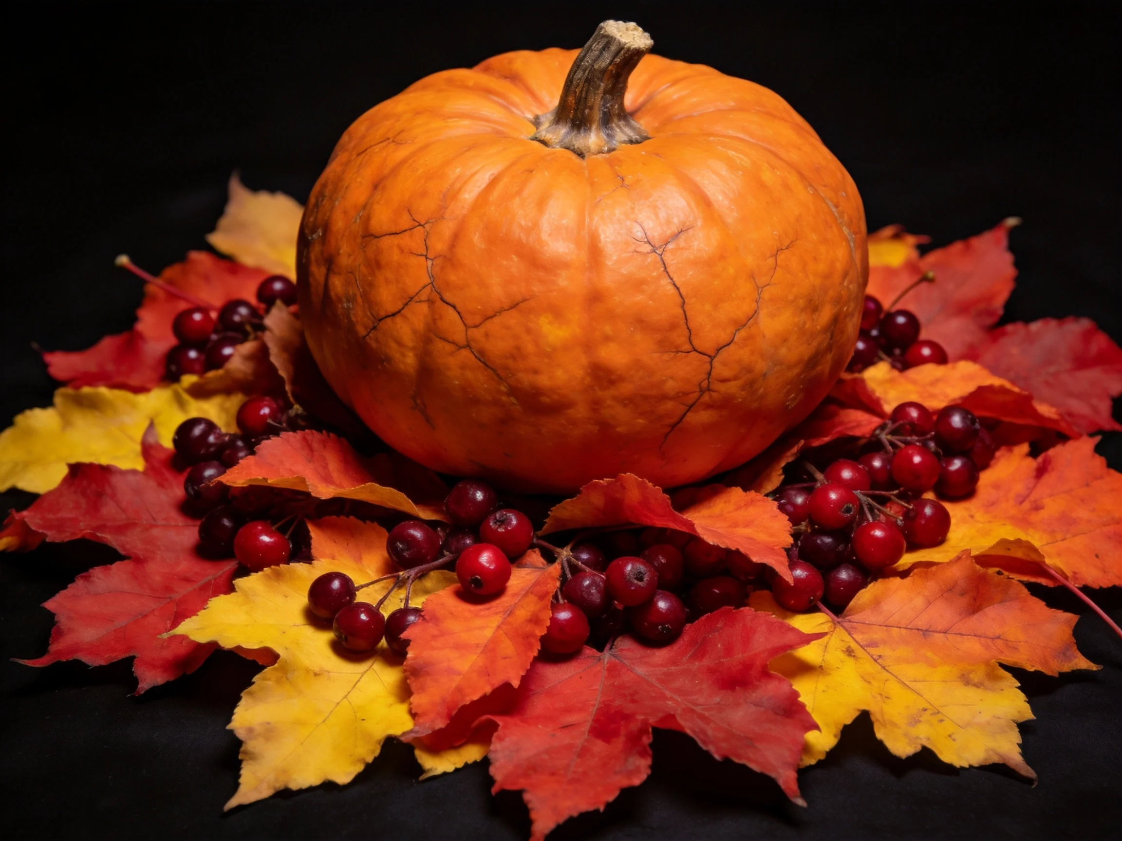 A large orange pumpkin centered among vibrant red and yellow fall leaves and dark red berries