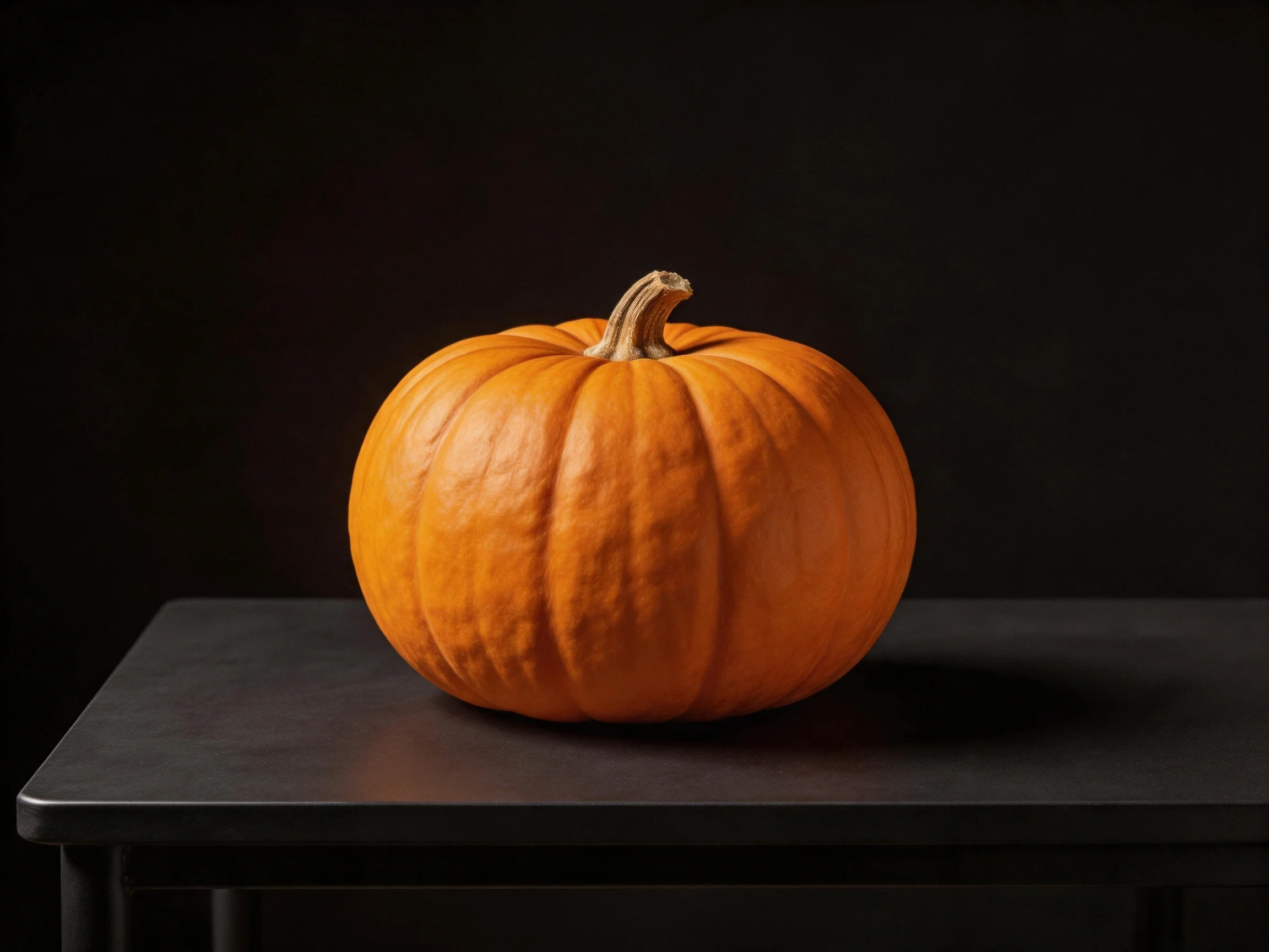 A large orange pumpkin centered on a dark table with a black backdrop