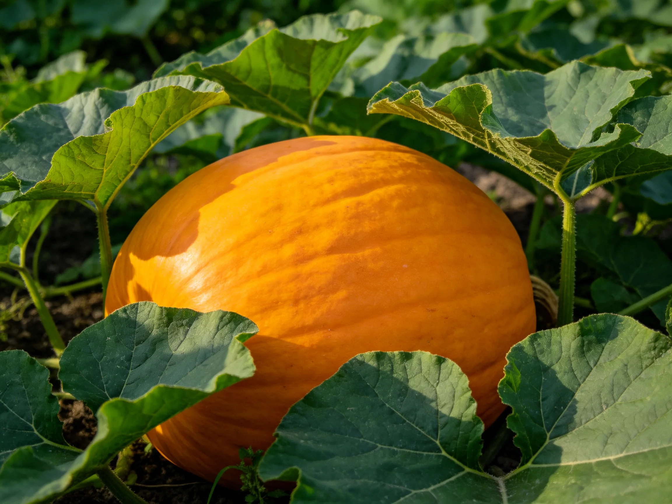 A large orange pumpkin nestled among broad green leaves