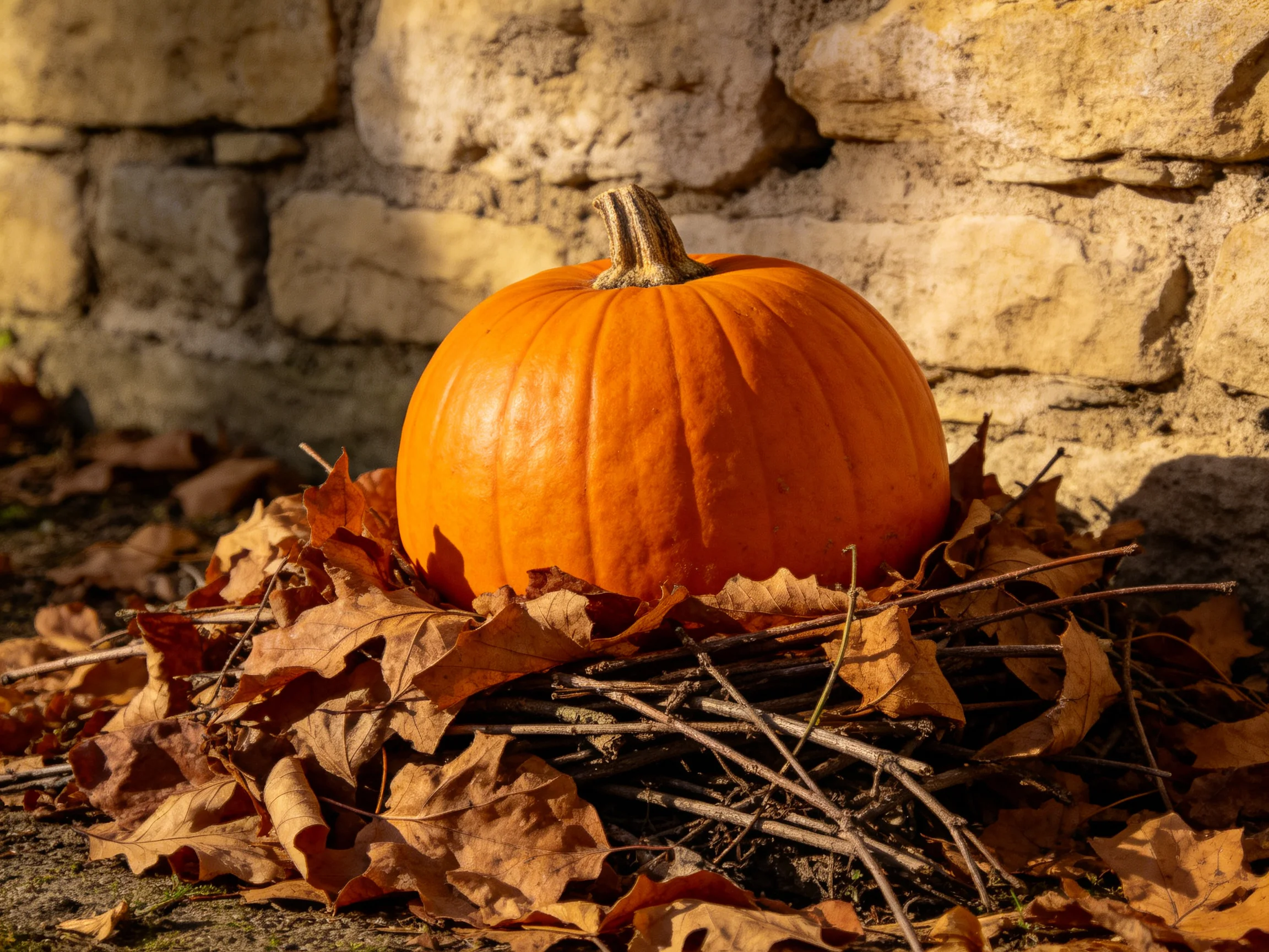 A large orange pumpkin nestled among dry autumn leaves beside a stone wall