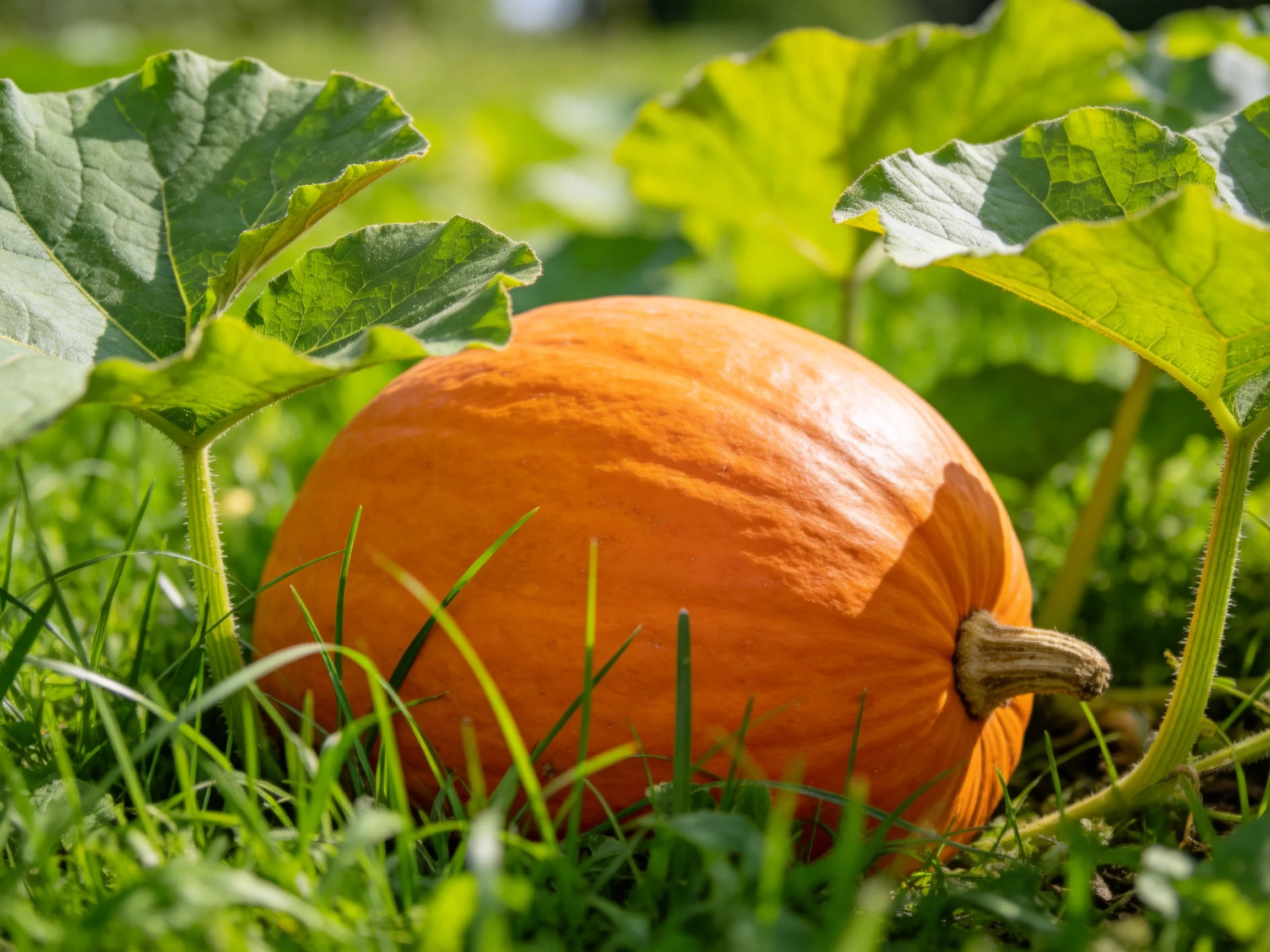 A large orange pumpkin nestled among lush green foliage and grass