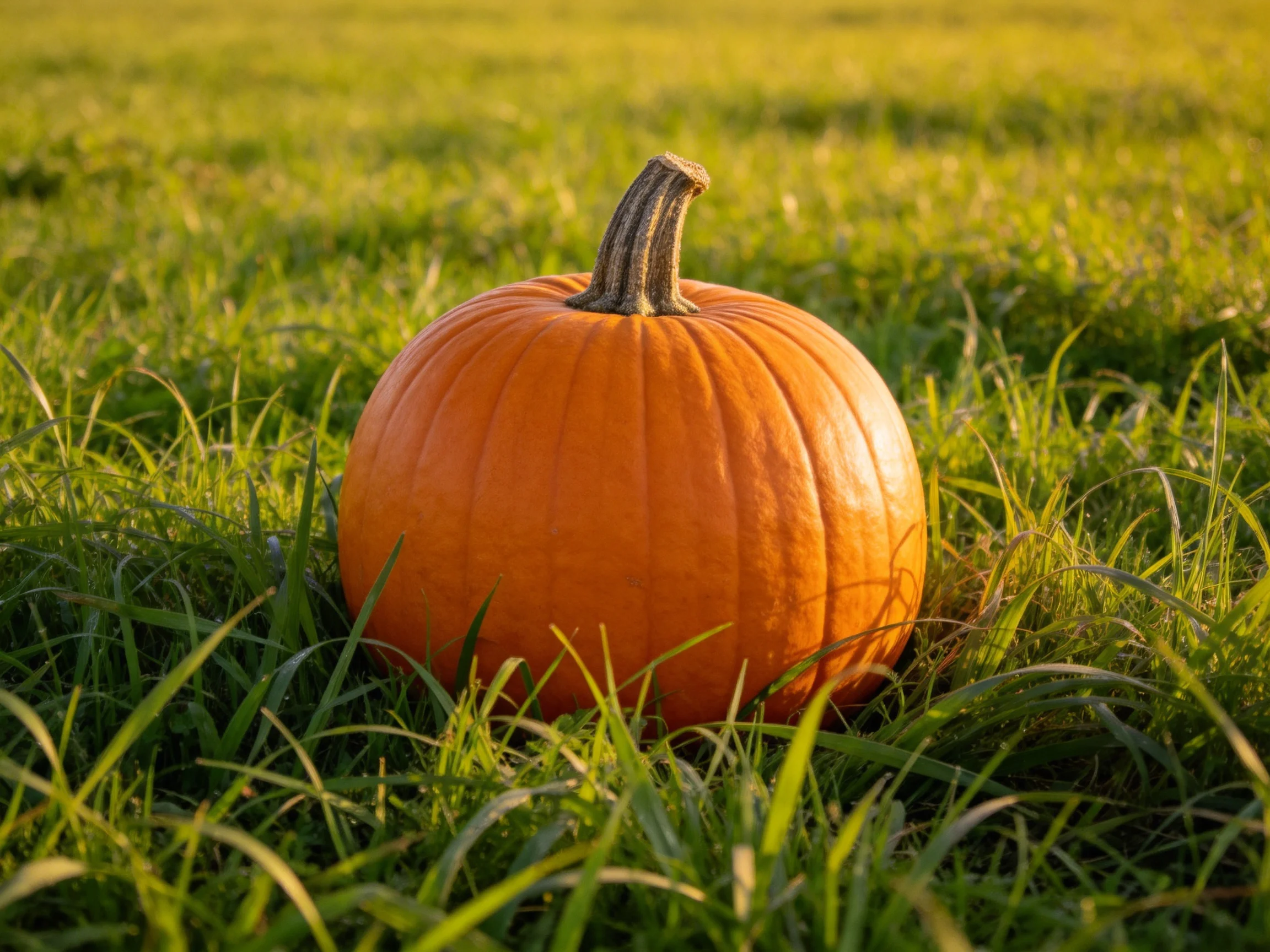 A large orange pumpkin rests amid lush green grass under warm sunlight