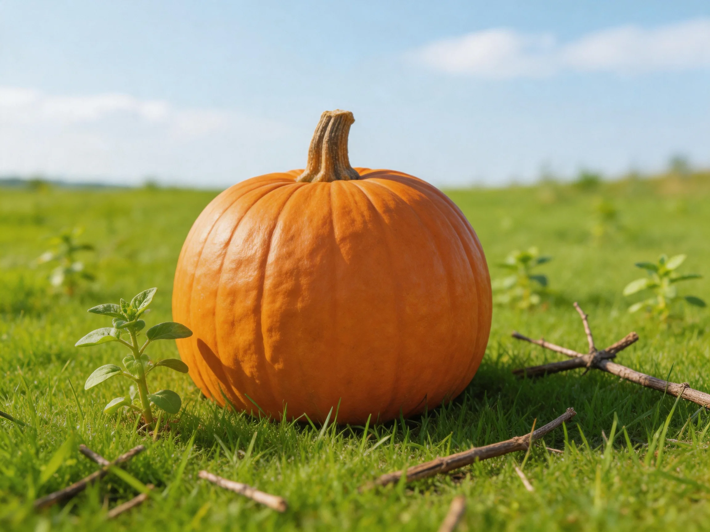 A large orange pumpkin rests on lush green grass with scattered twigs