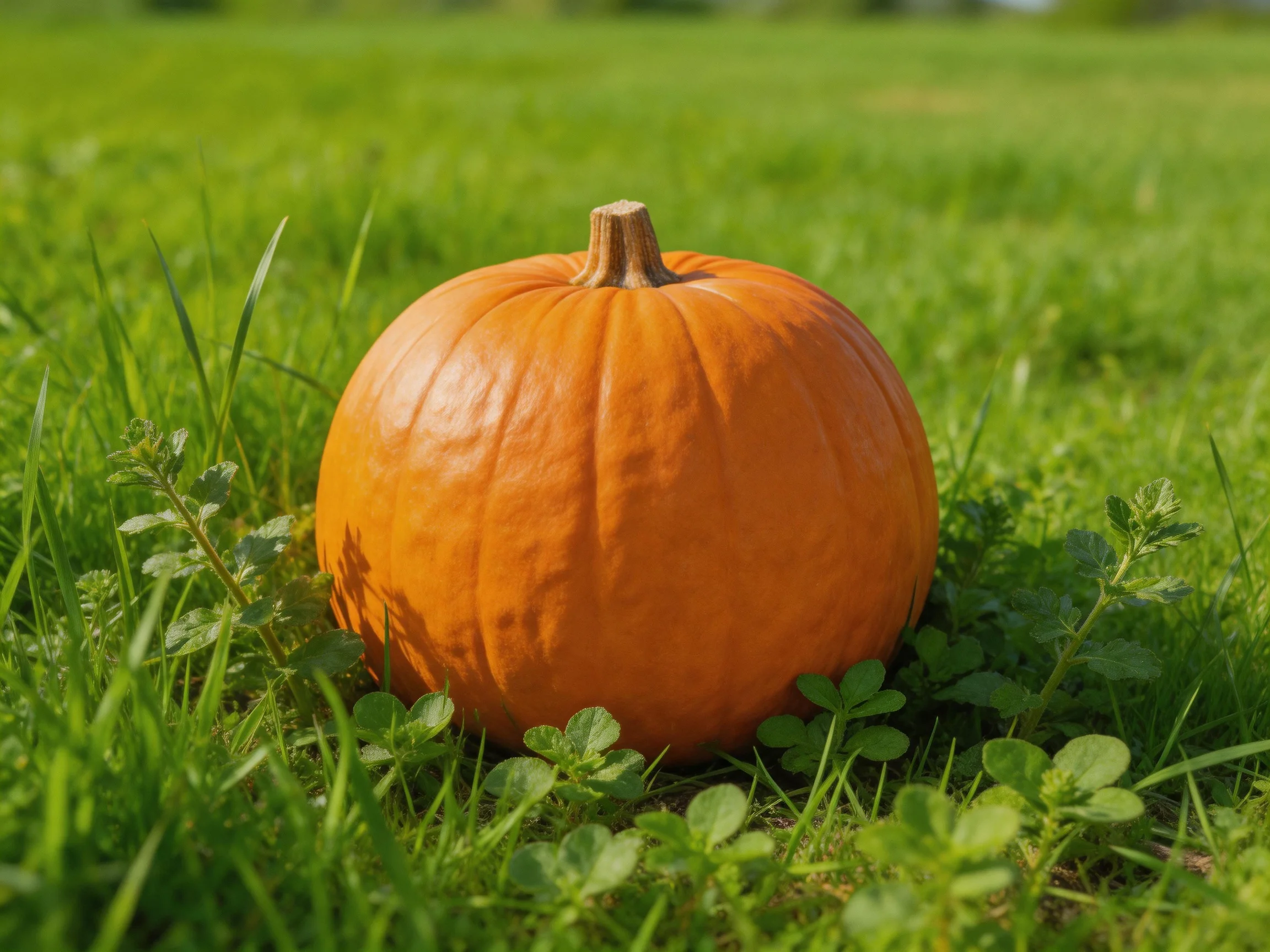 A large orange pumpkin sits amid lush green grass and small leafy plants