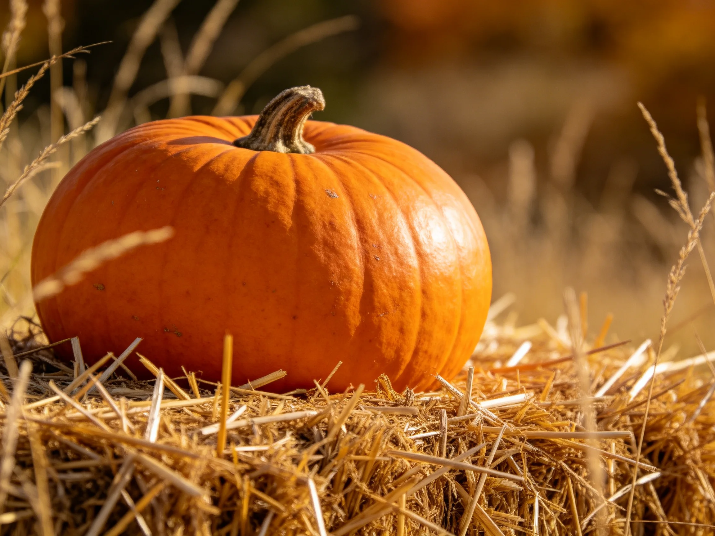 A large orange pumpkin sits atop golden straw with tall dry grass surrounding