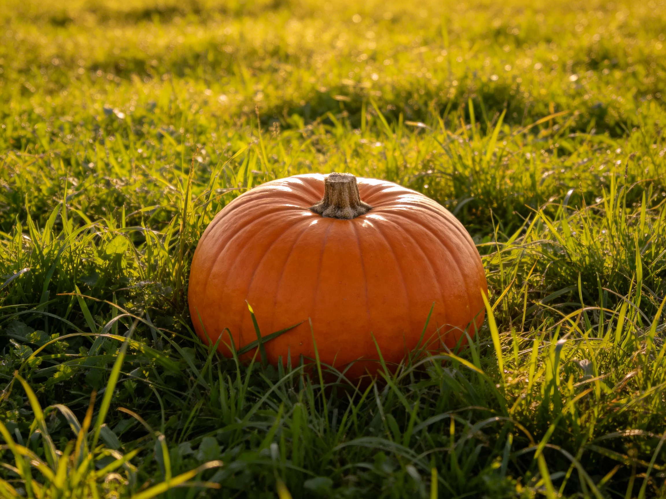 A large orange pumpkin sits atop lush green grass in golden sunlight