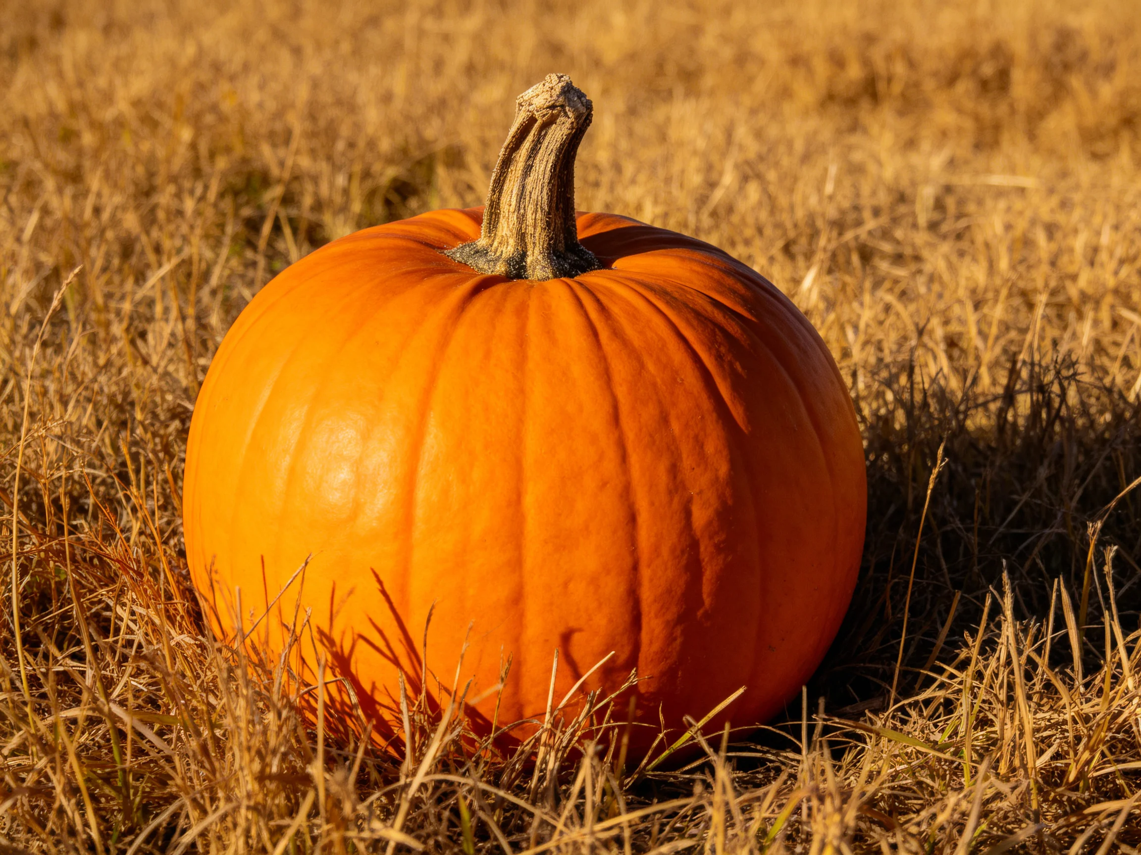 A large orange pumpkin sits in golden-brown dried grass