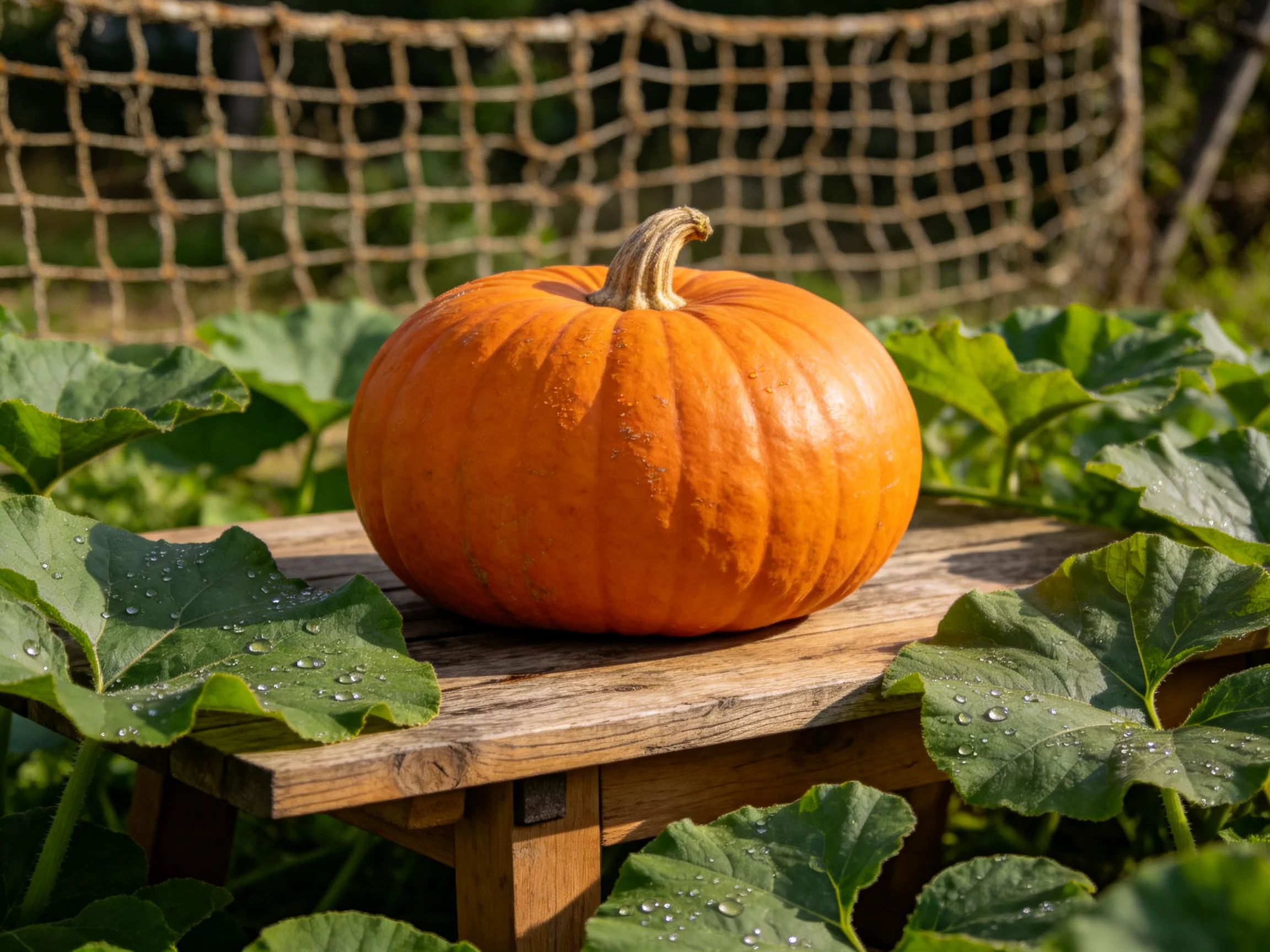 A large orange pumpkin sits on a weathered wooden table amid green leaves