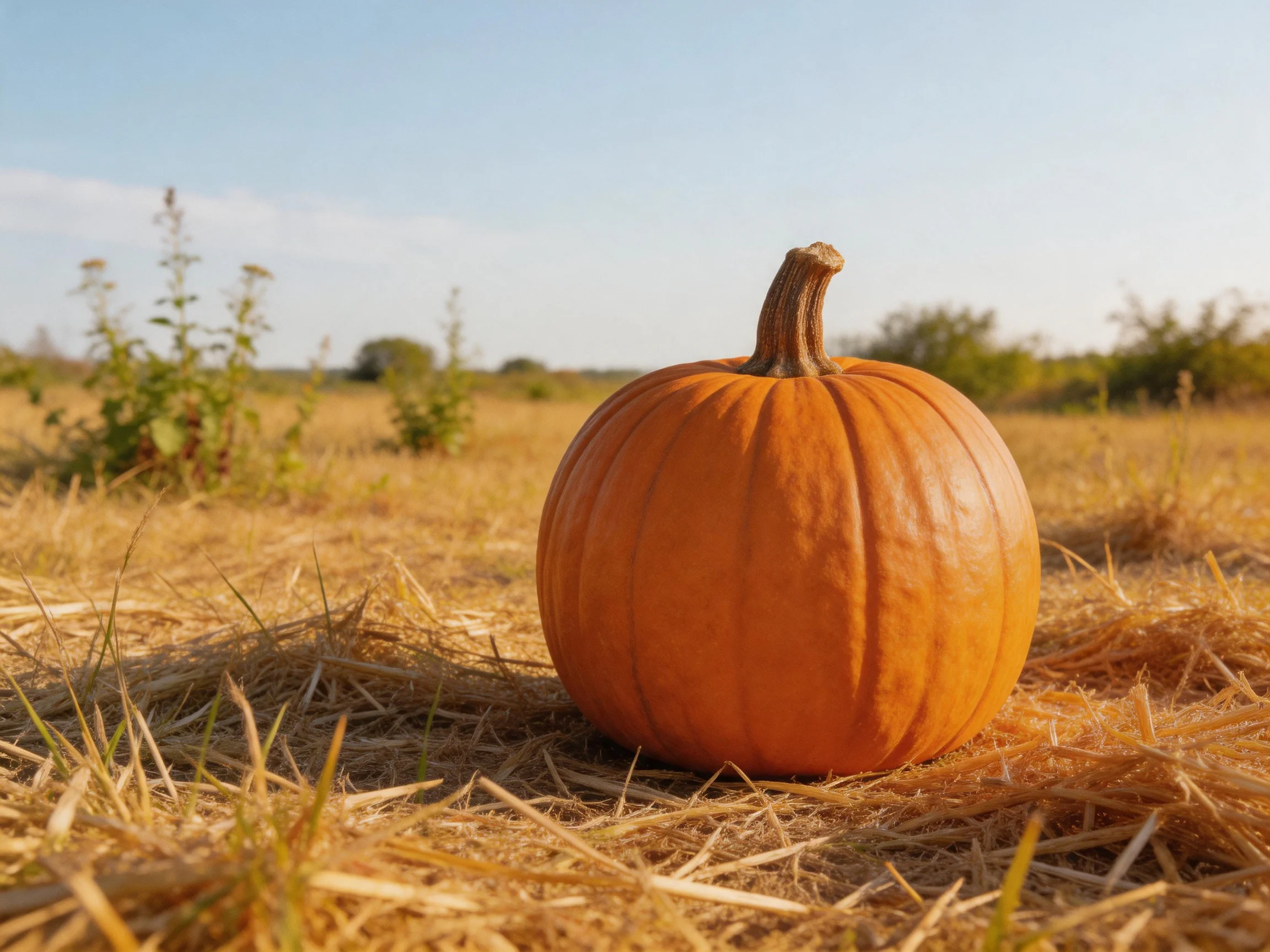 A large orange pumpkin sits on golden straw in a sunlit open field
