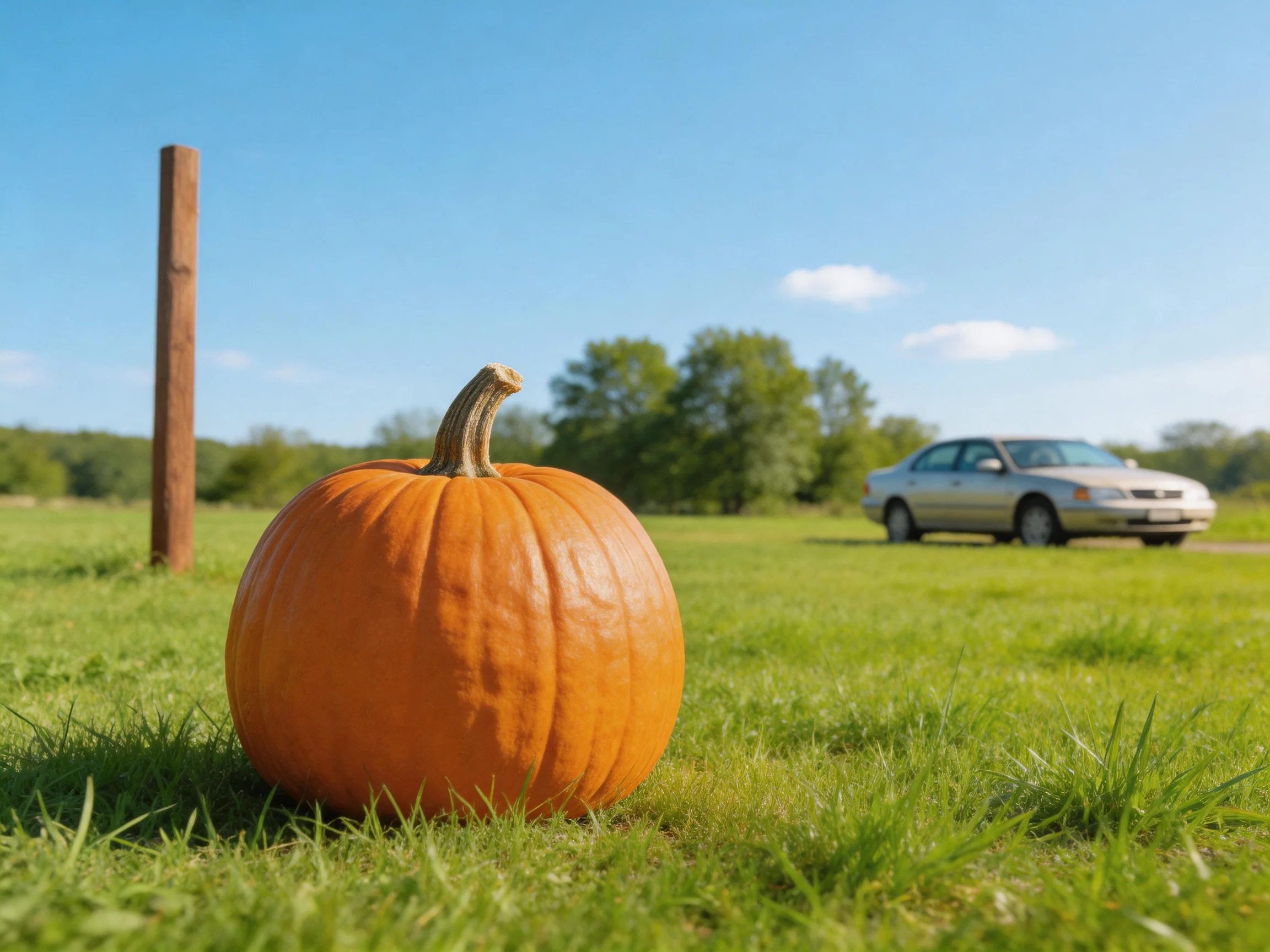 A large orange pumpkin sits on grass near a silver car under clear blue sky