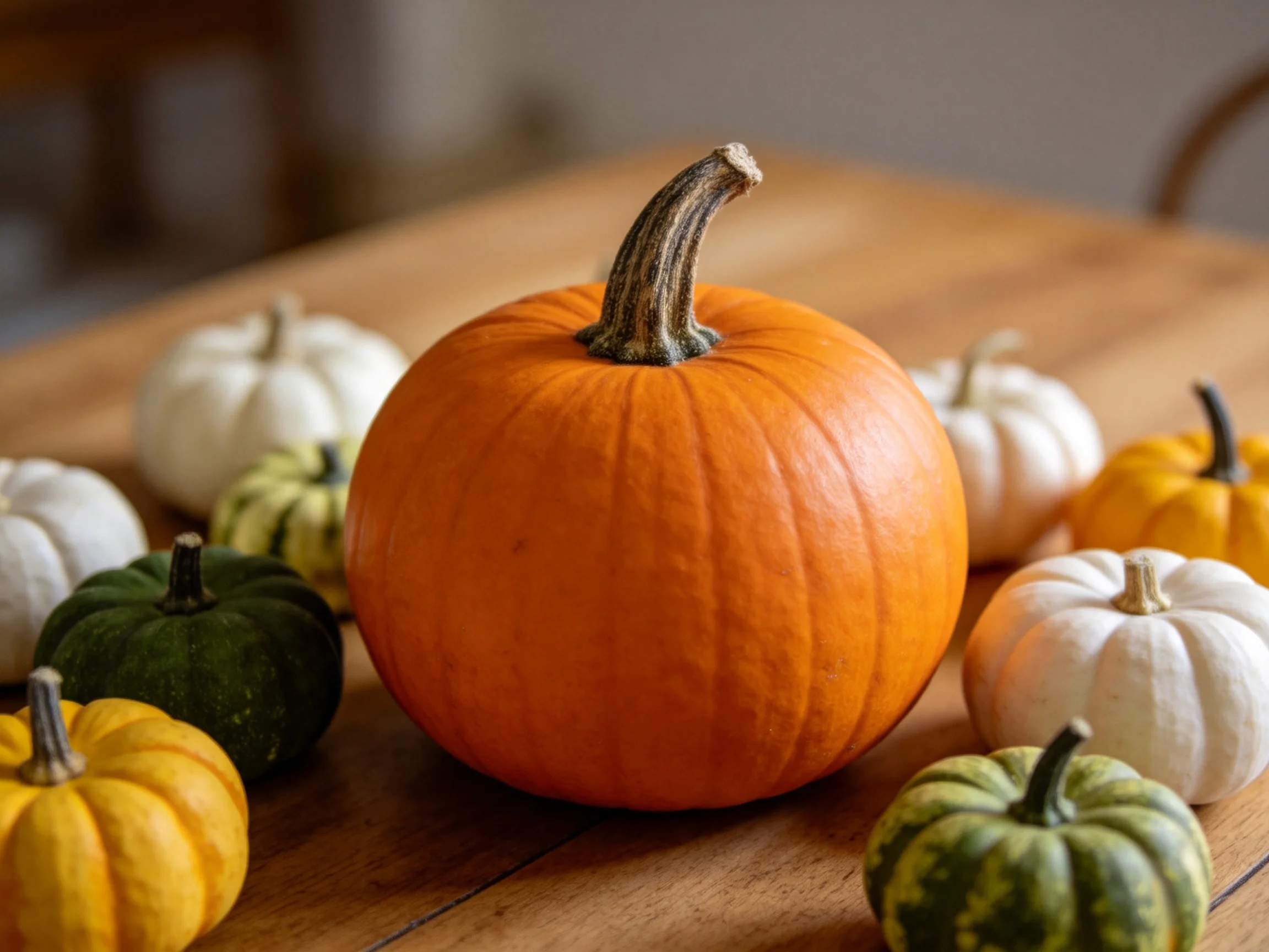 A large orange pumpkin surrounded by colorful miniature gourds on a wooden surface