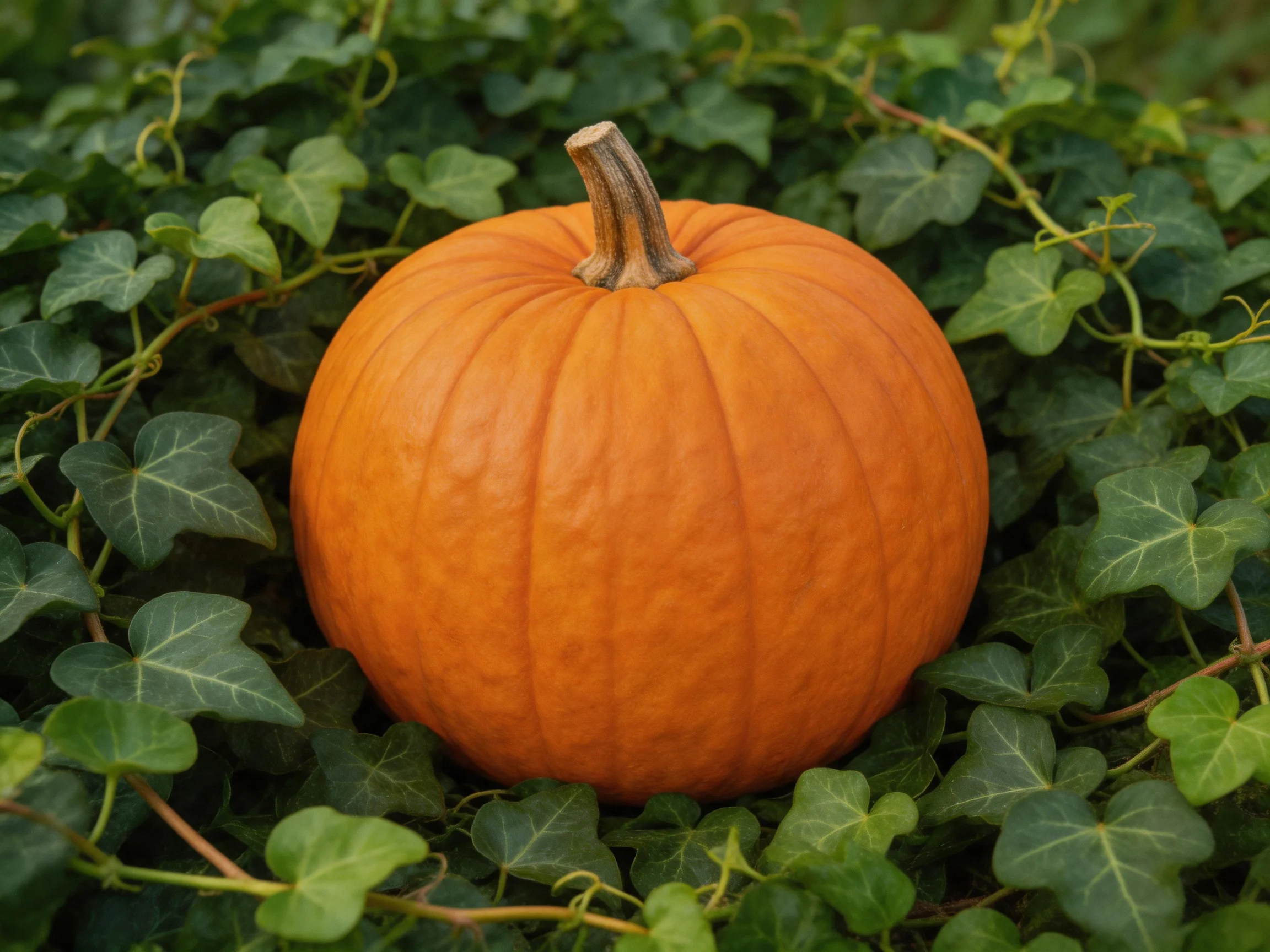 A large orange pumpkin surrounded by dense green ivy leaves