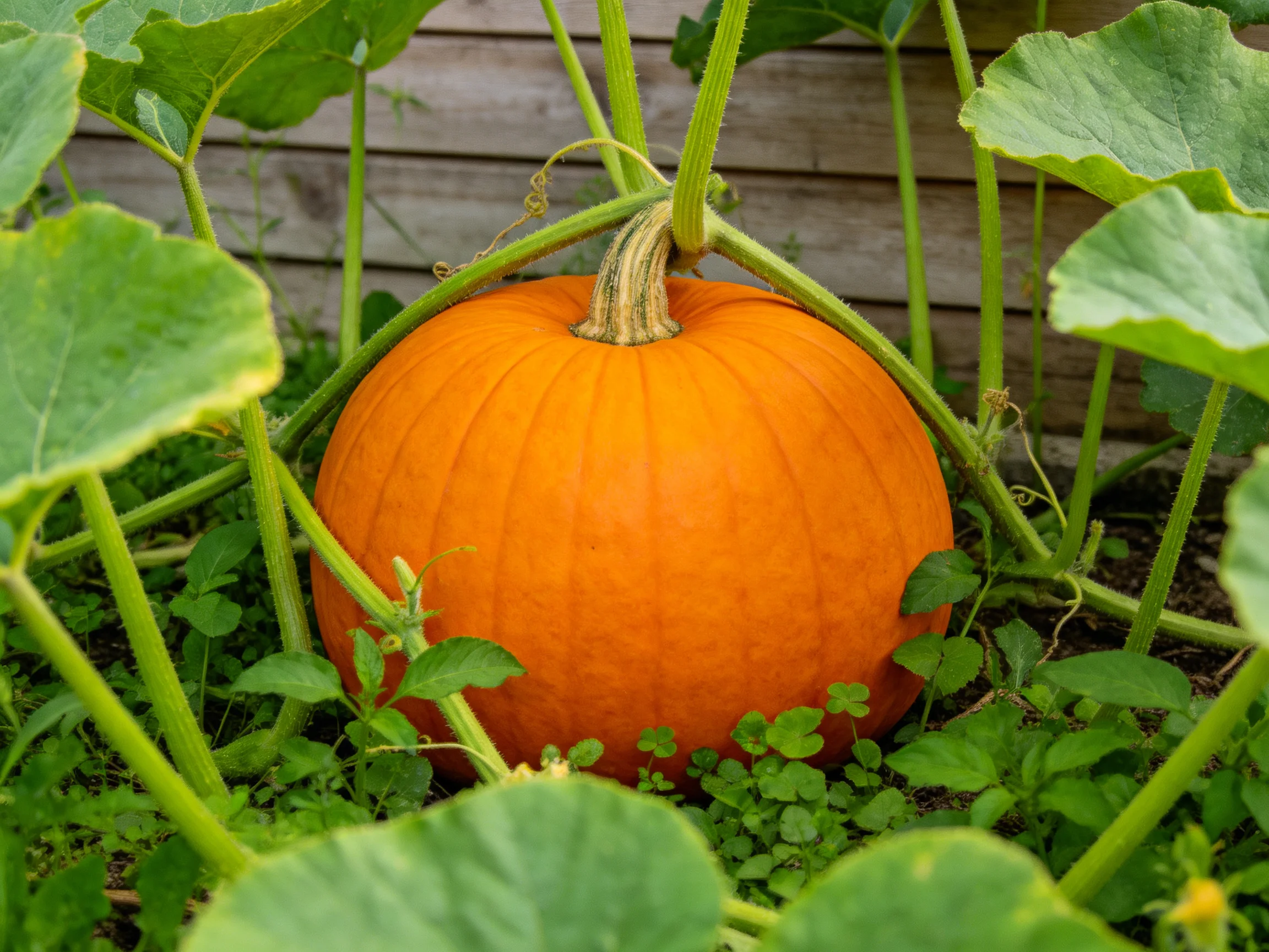 A large orange pumpkin surrounded by green vines and leaves near a wooden fence