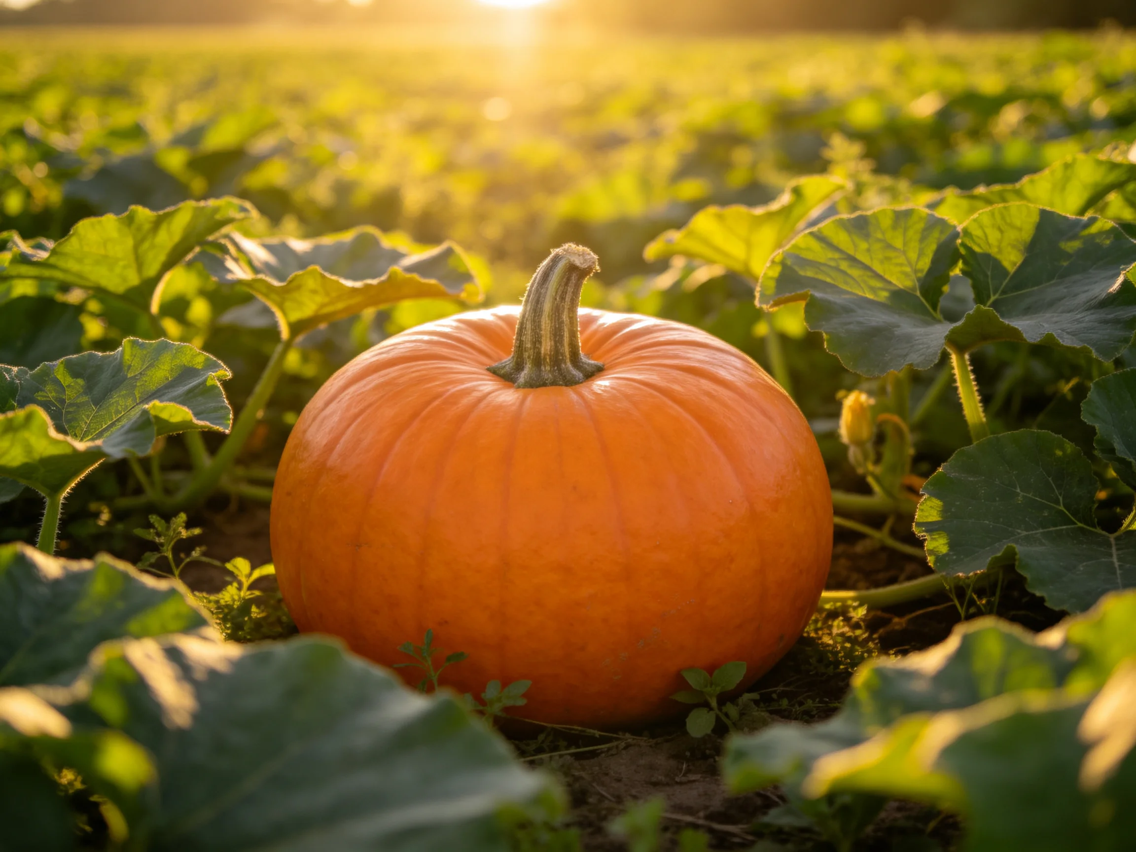 A large orange pumpkin surrounded by lush green leaves in a sun-drenched farm field