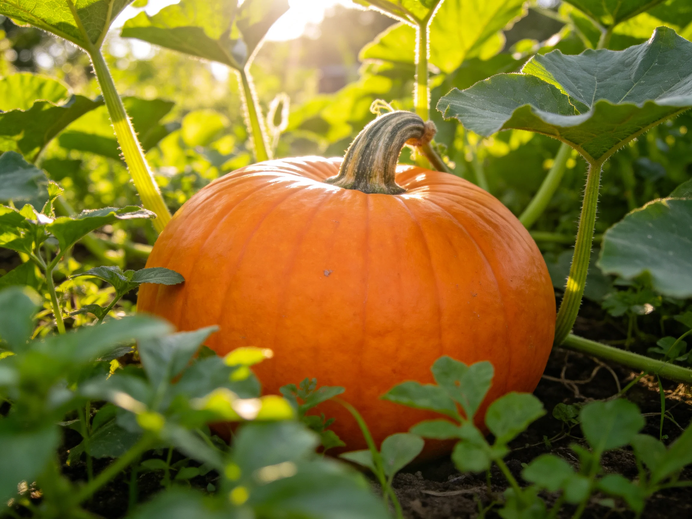 A large orange pumpkin surrounded by lush green plants in a sunlit garden