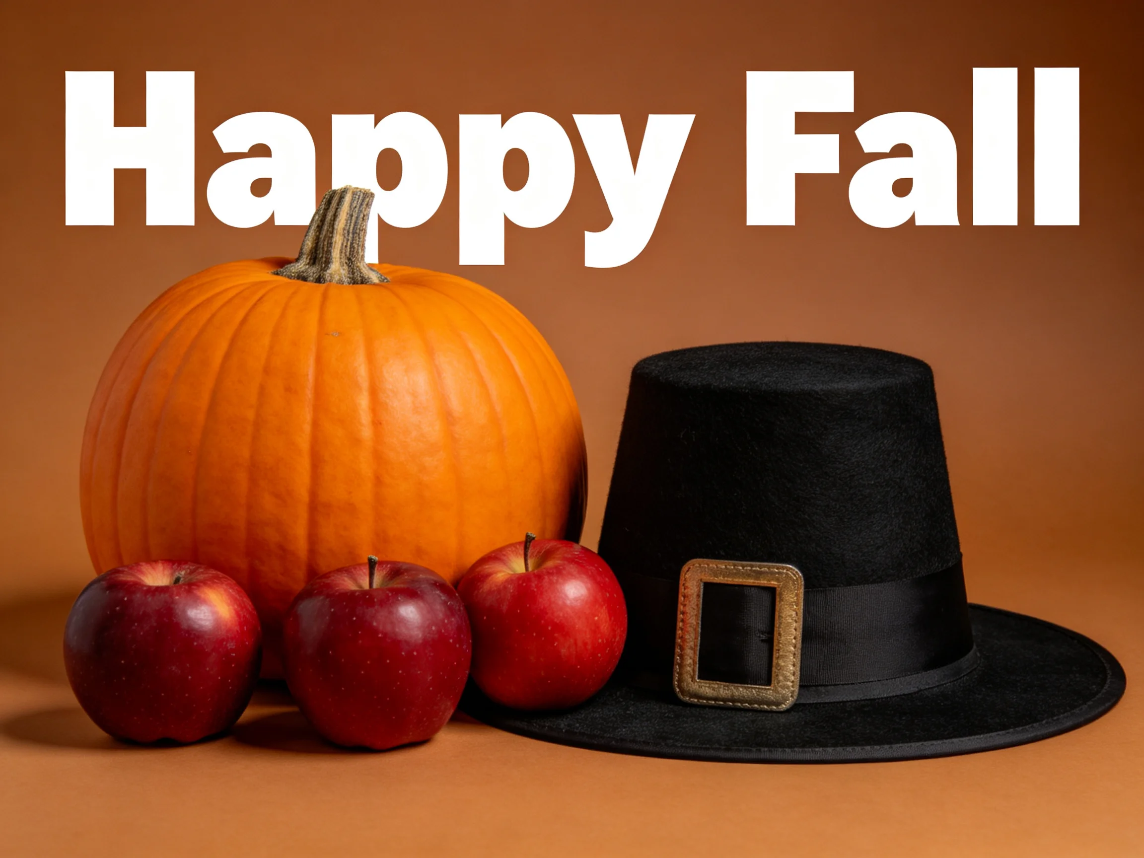 A large orange pumpkin, three red apples, and a black felt hat with Happy Fall text