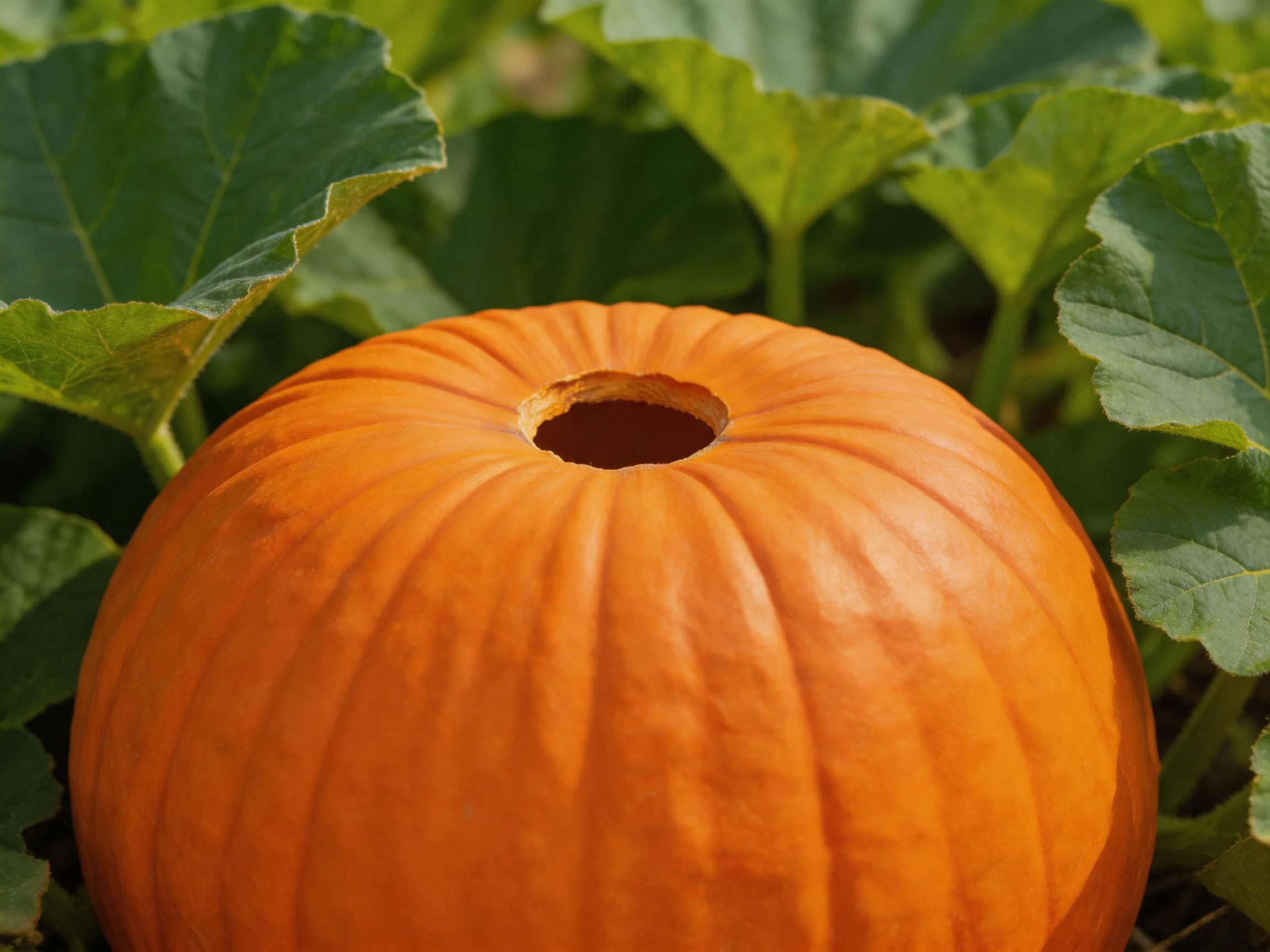 A large orange pumpkin with a central hole surrounded by lush green leaves