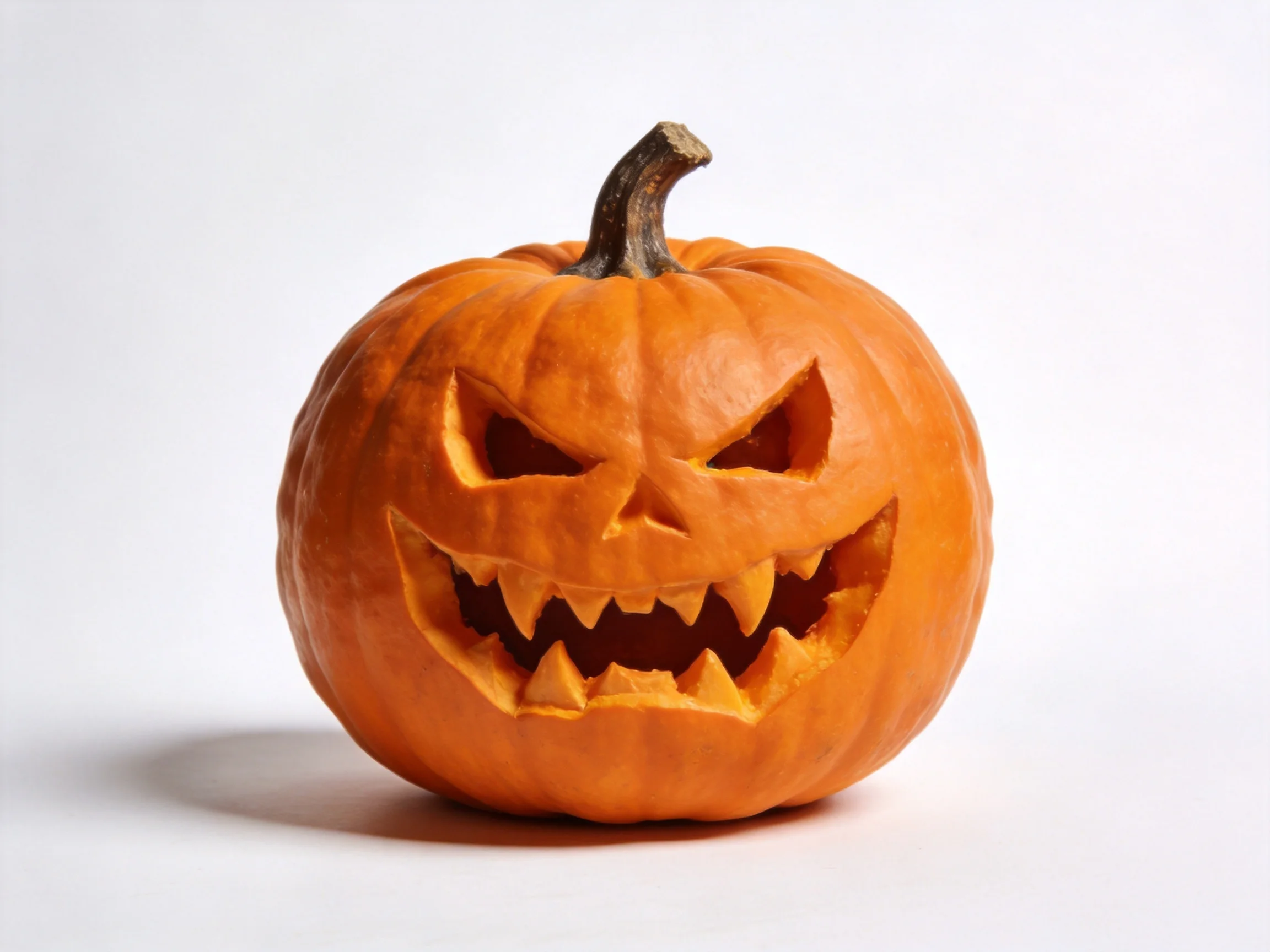 A large orange pumpkin with a menacingly carved angry face
