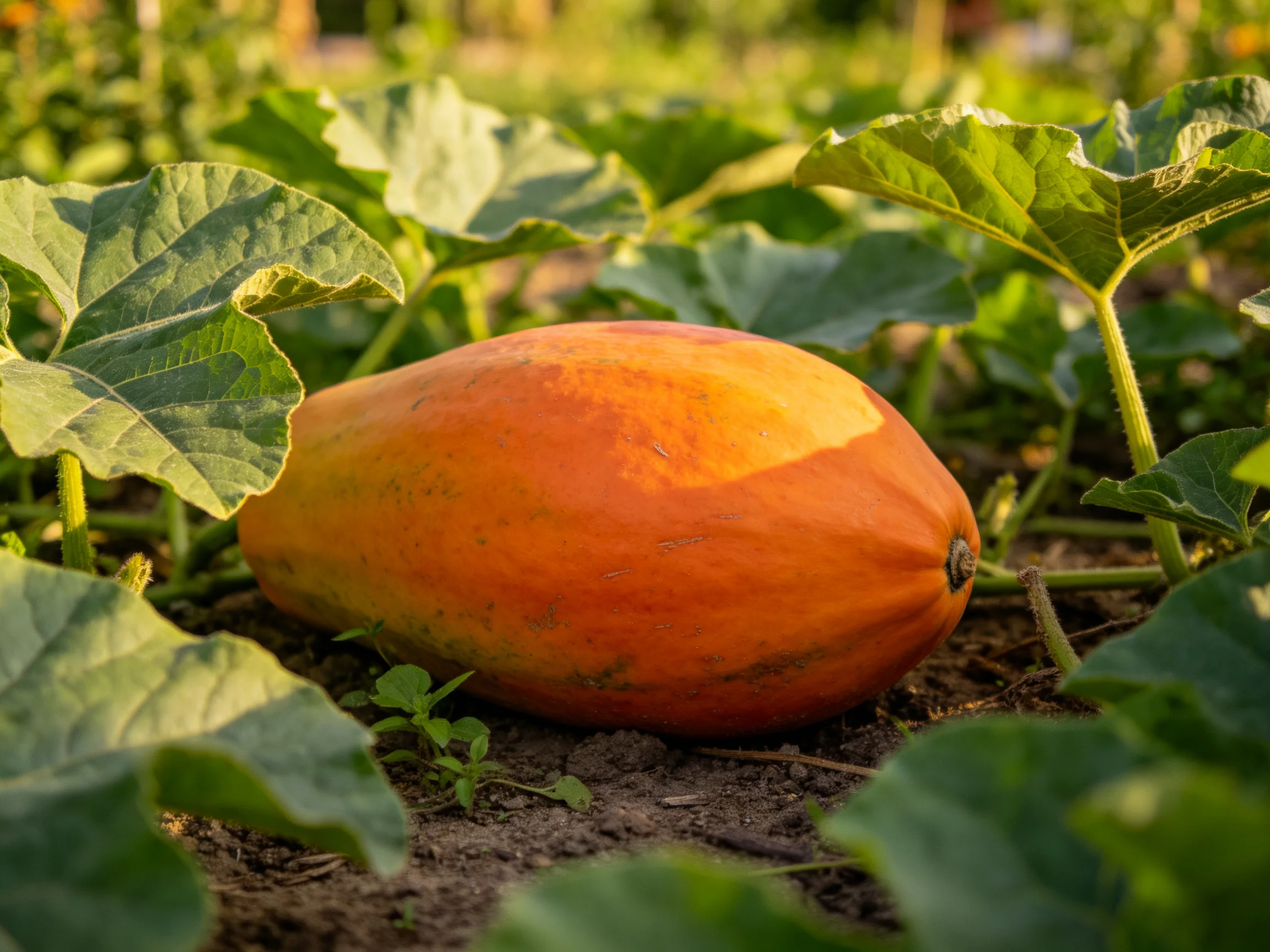 A large orange squash rests amid lush green foliage under bright sunlight