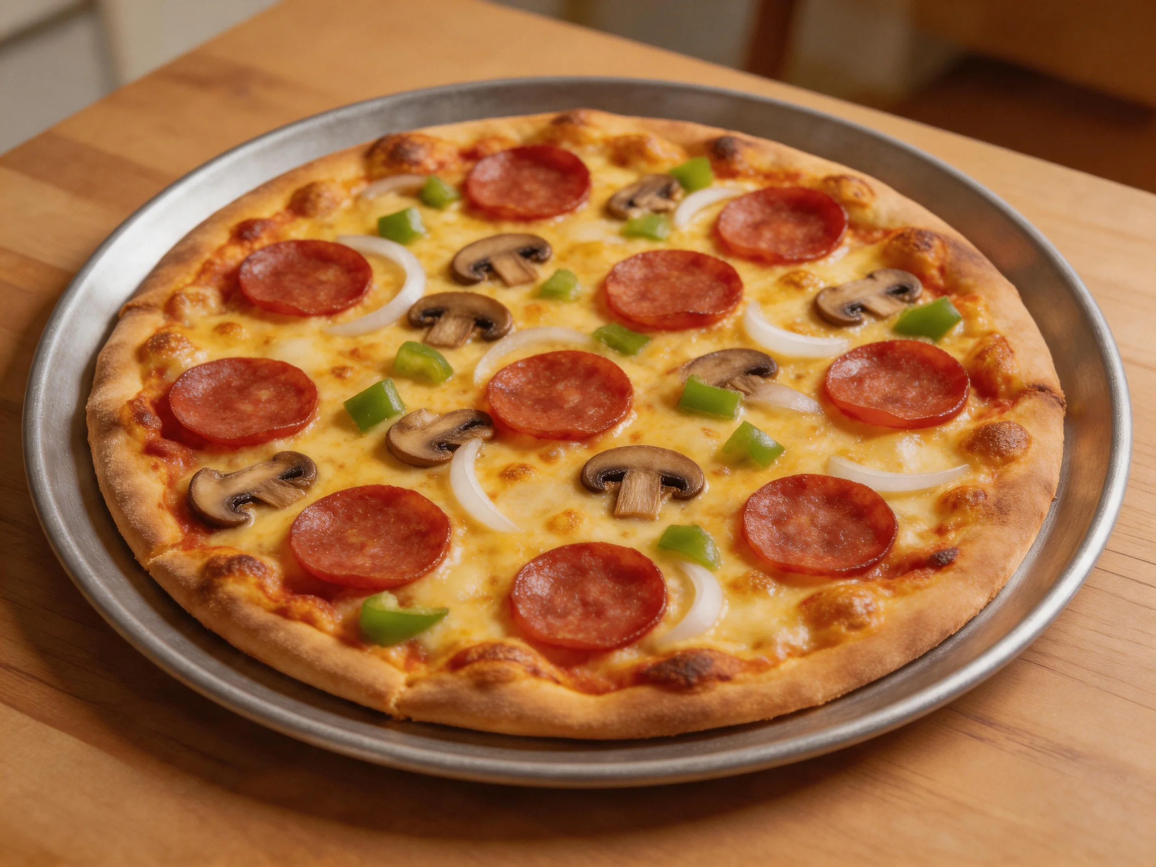 A large pepperoni, mushroom, onion, and green pepper pizza on a metal tray