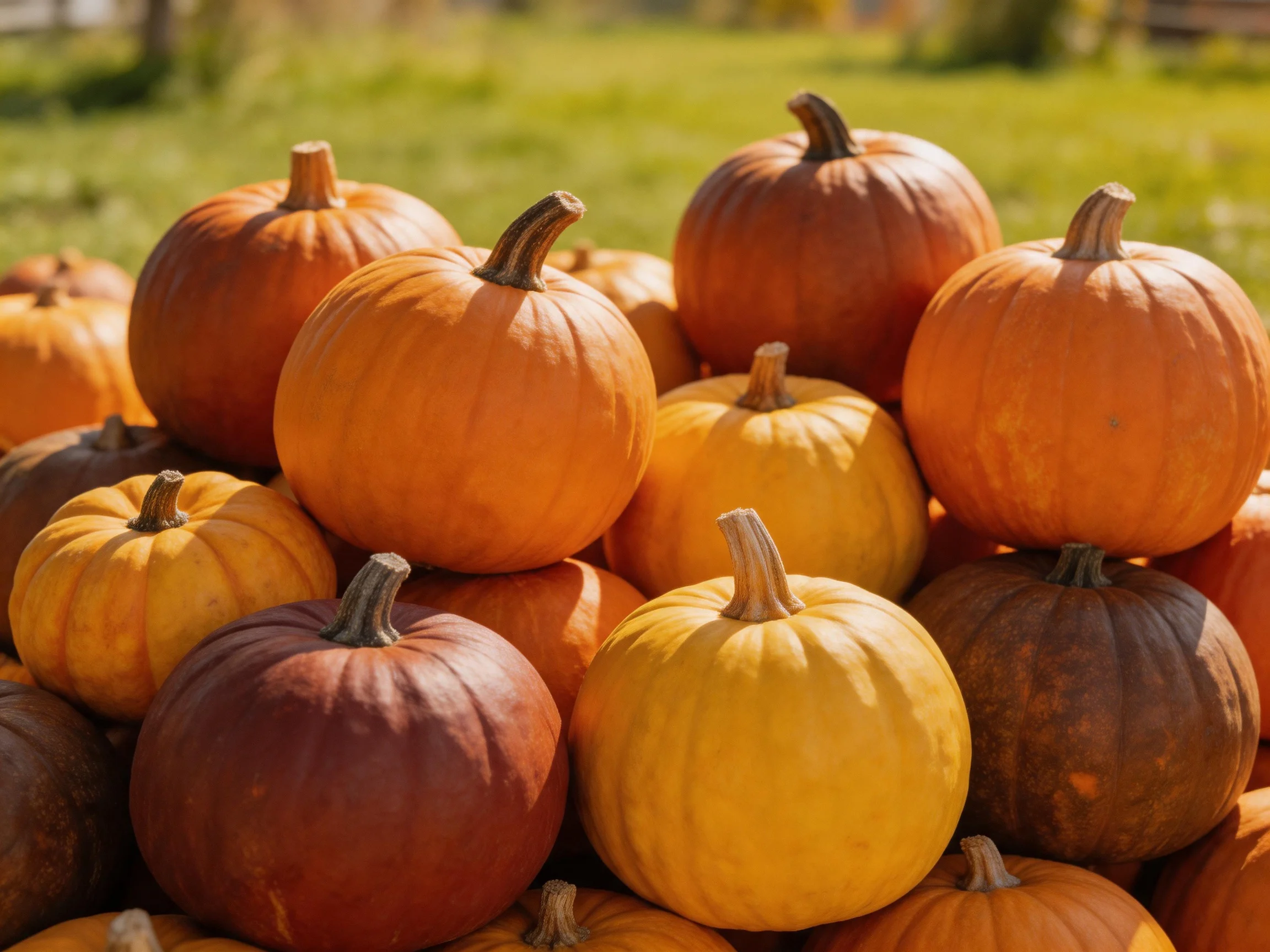 A large pile of assorted pumpkins in orange, yellow, and brown