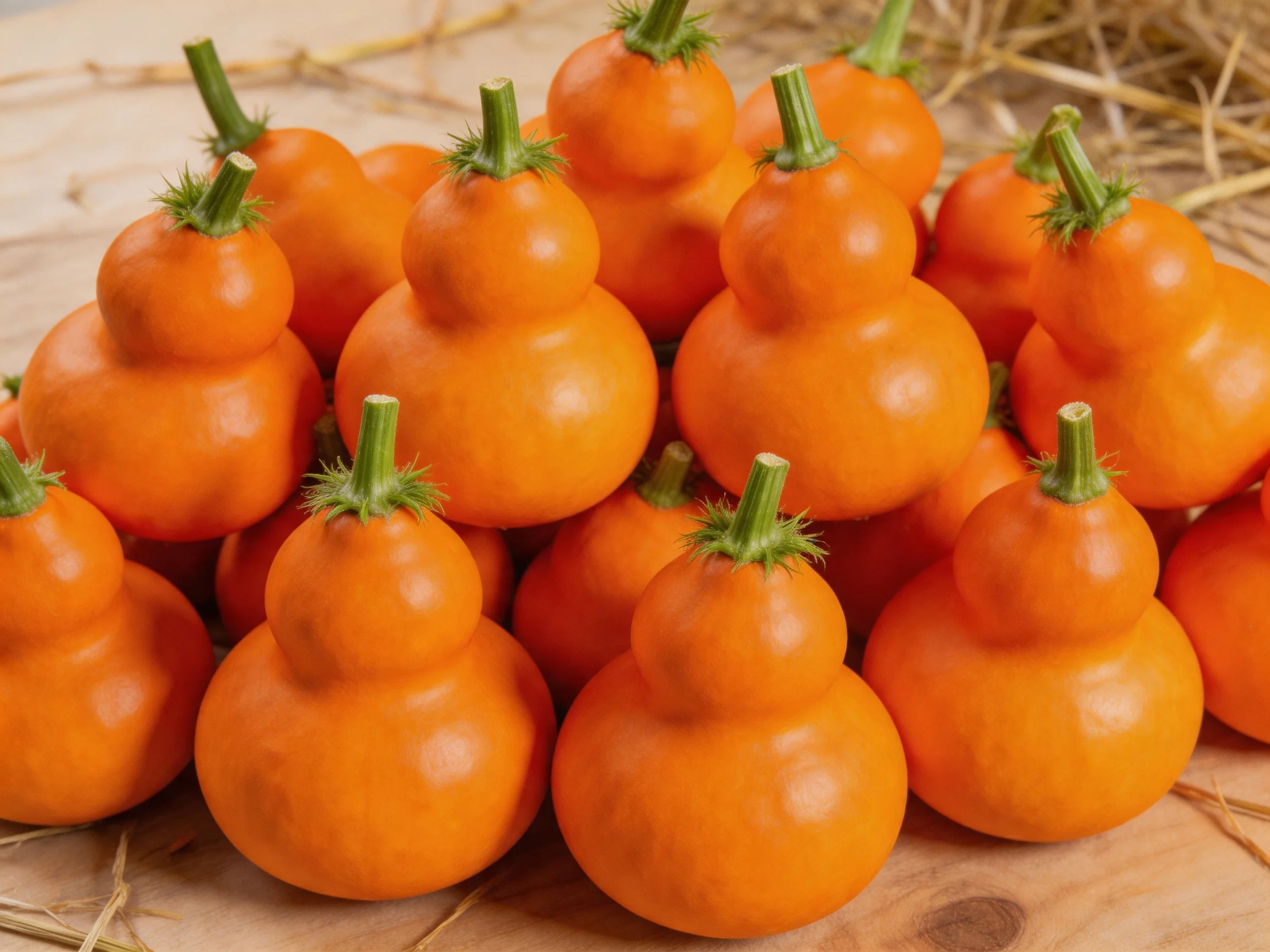 A large pile of bright orange gourd - shaped fruits with green stems