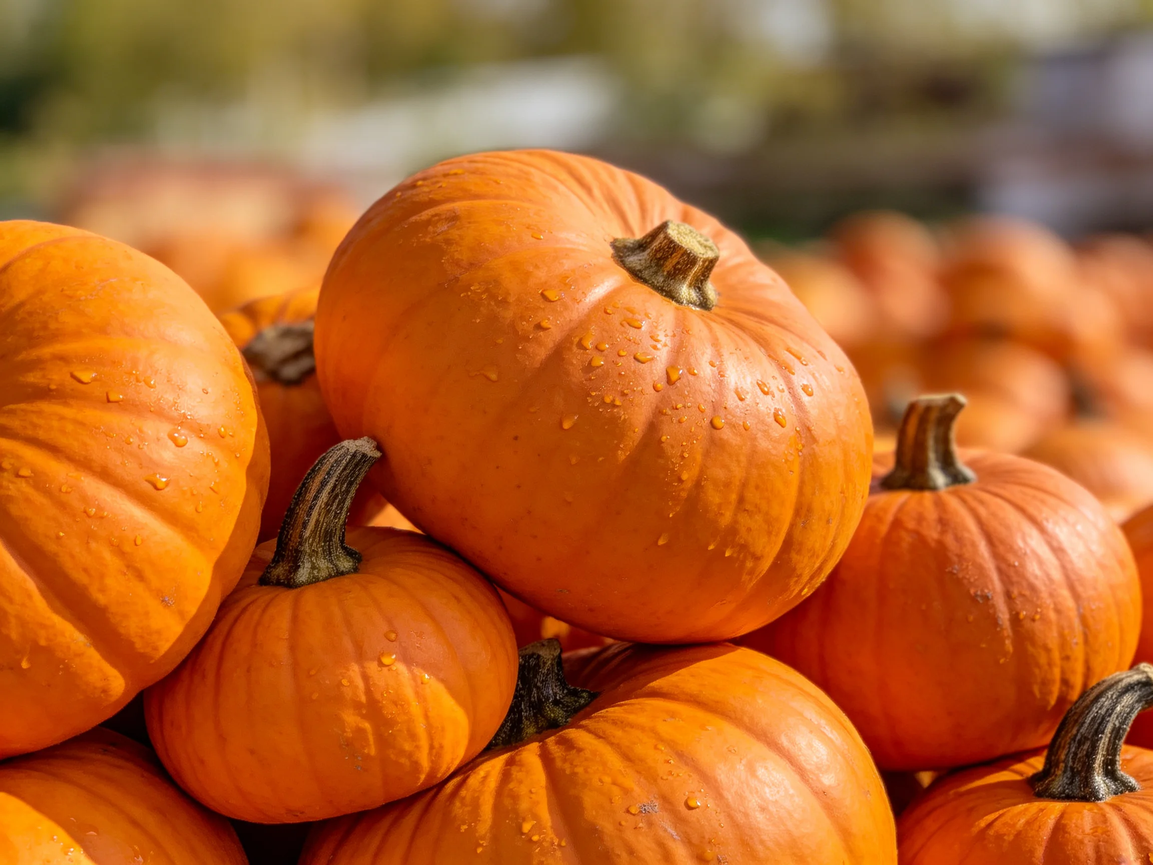 A large pile of bright orange pumpkins arranged outdoors