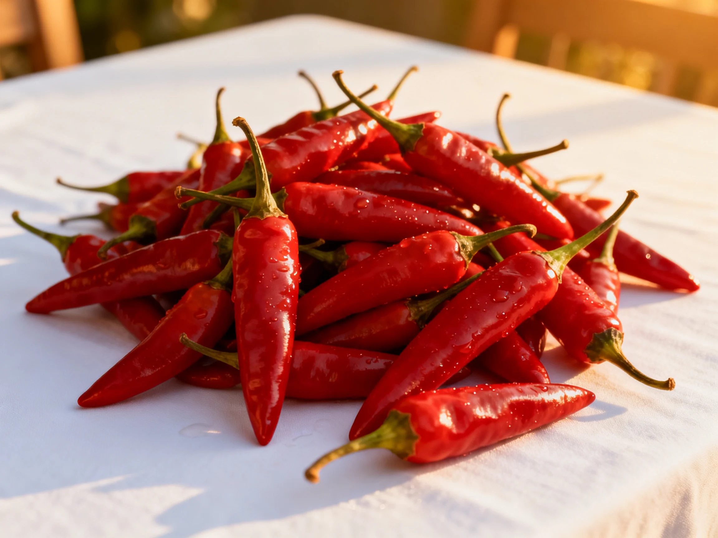 A large pile of bright red chili peppers on a white tablecloth