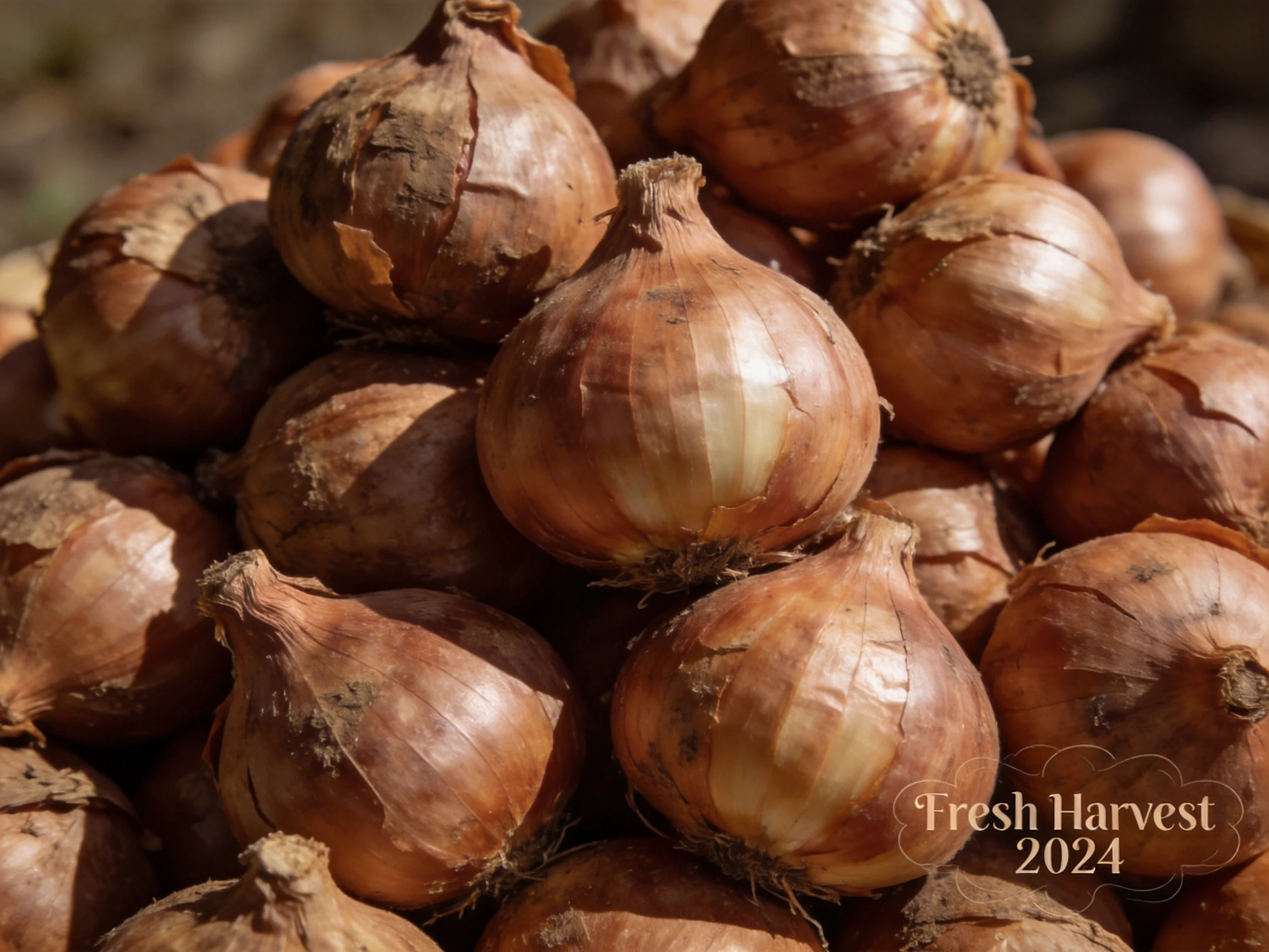 A large pile of brown onions marked Fresh Harvest 2024