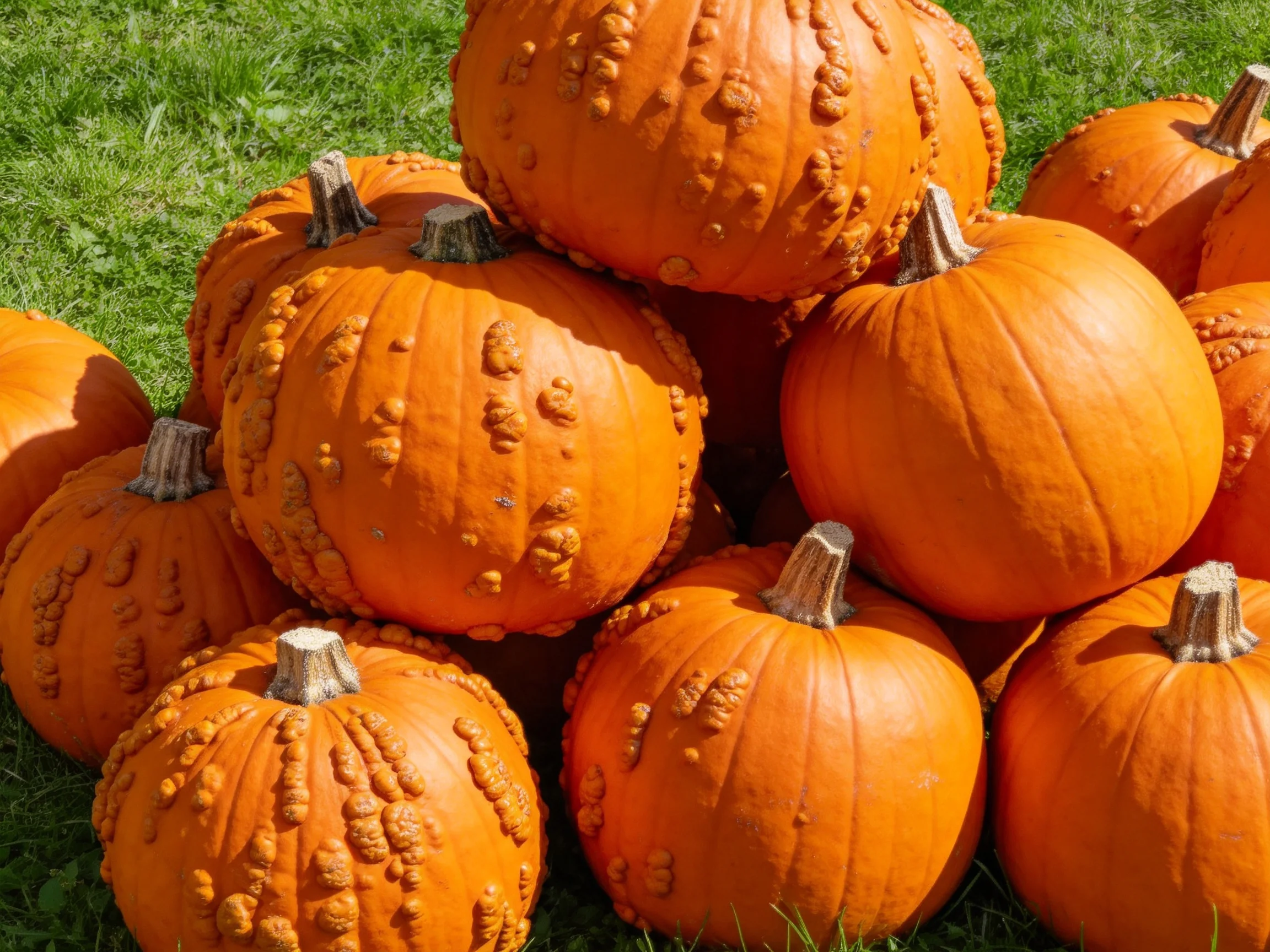 A large pile of bumpy orange pumpkins on green grass