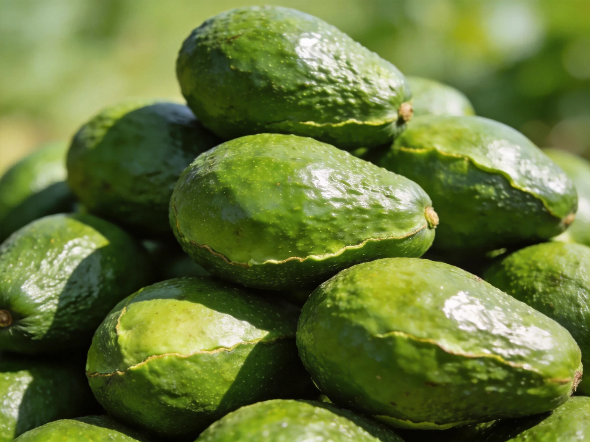 A large pile of fresh green avocados stacked outdoors