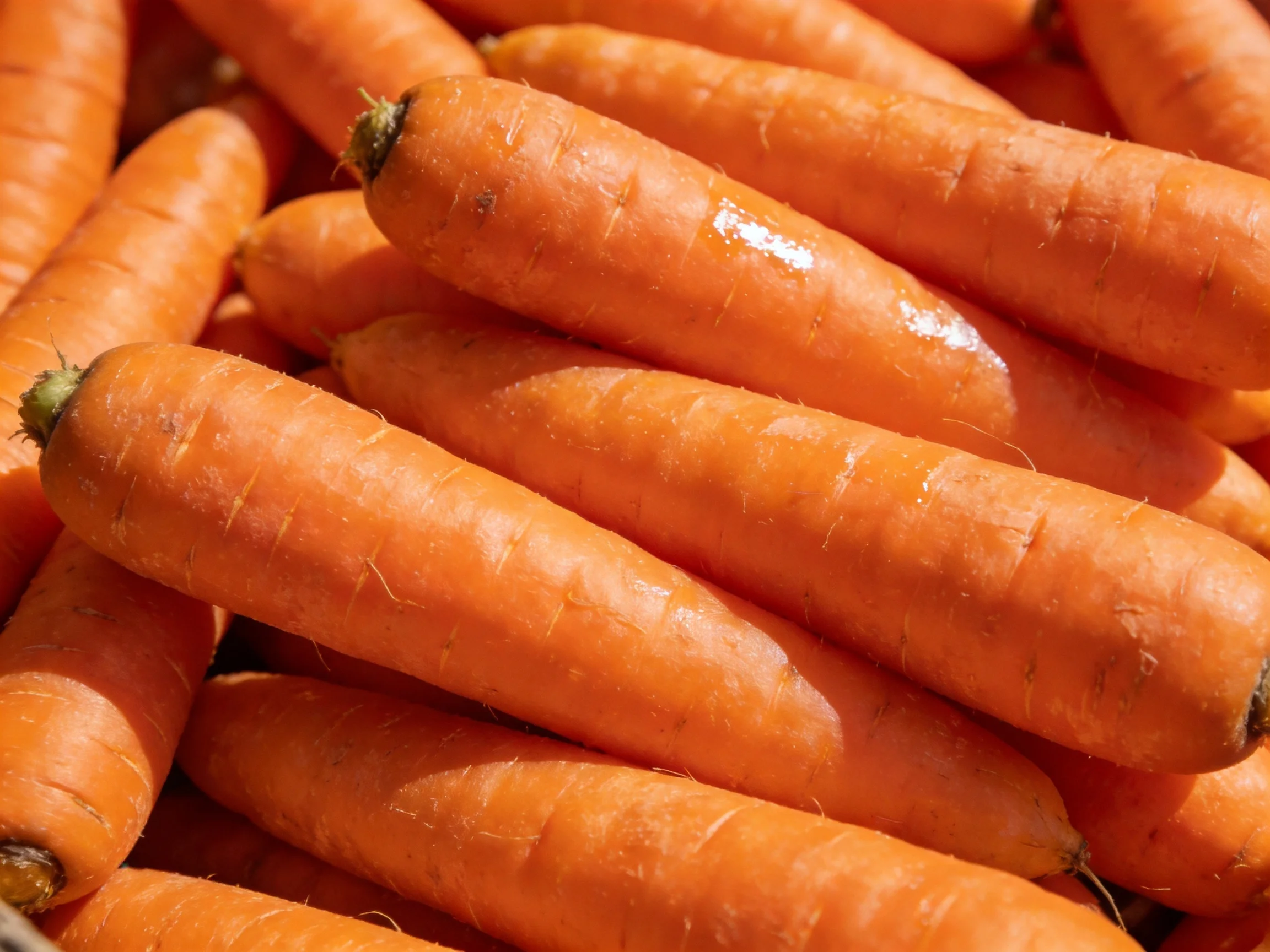 A large pile of fresh orange carrots with smooth, glossy skins