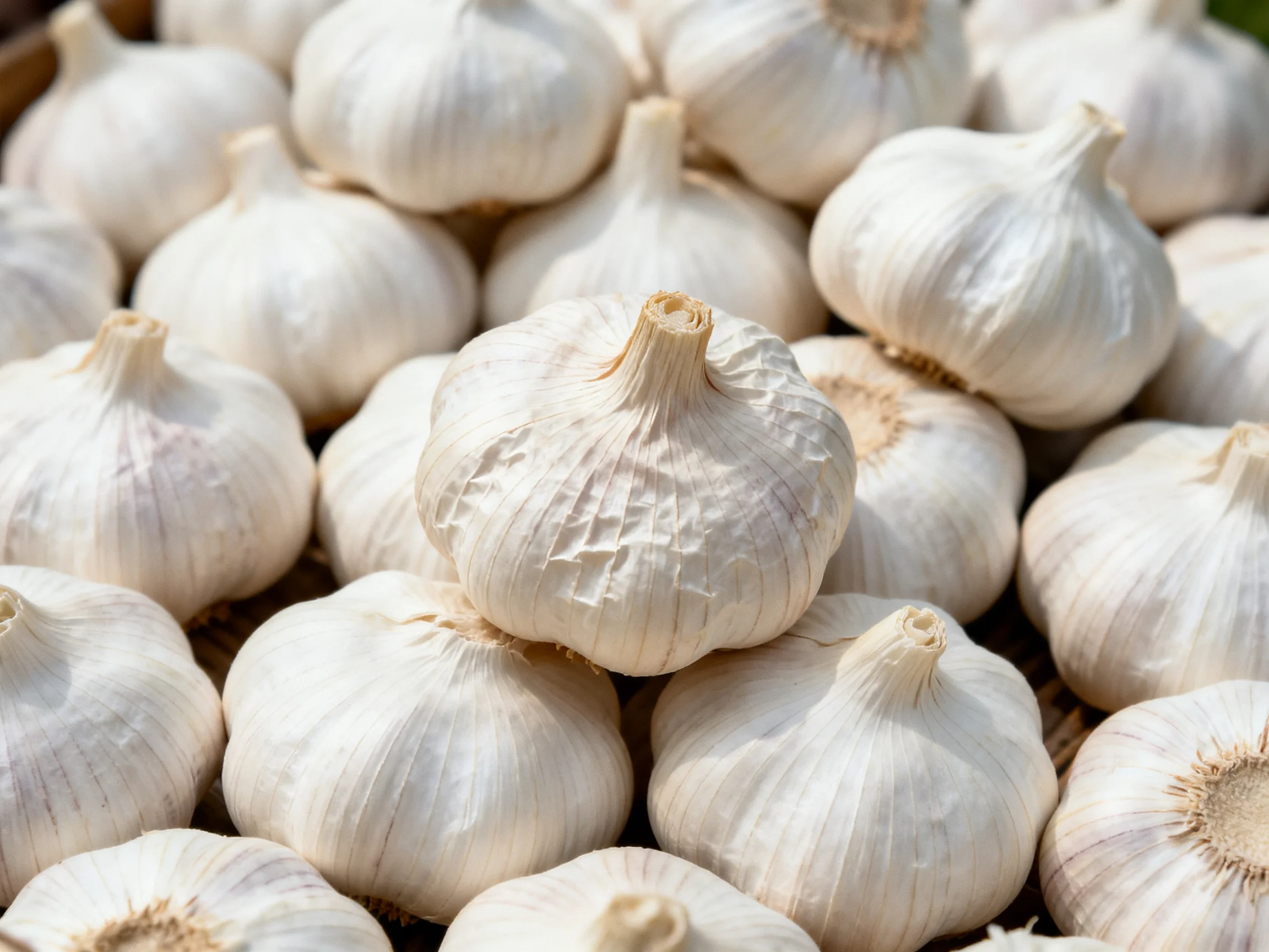 A large pile of fresh, white garlic bulbs arranged closely together