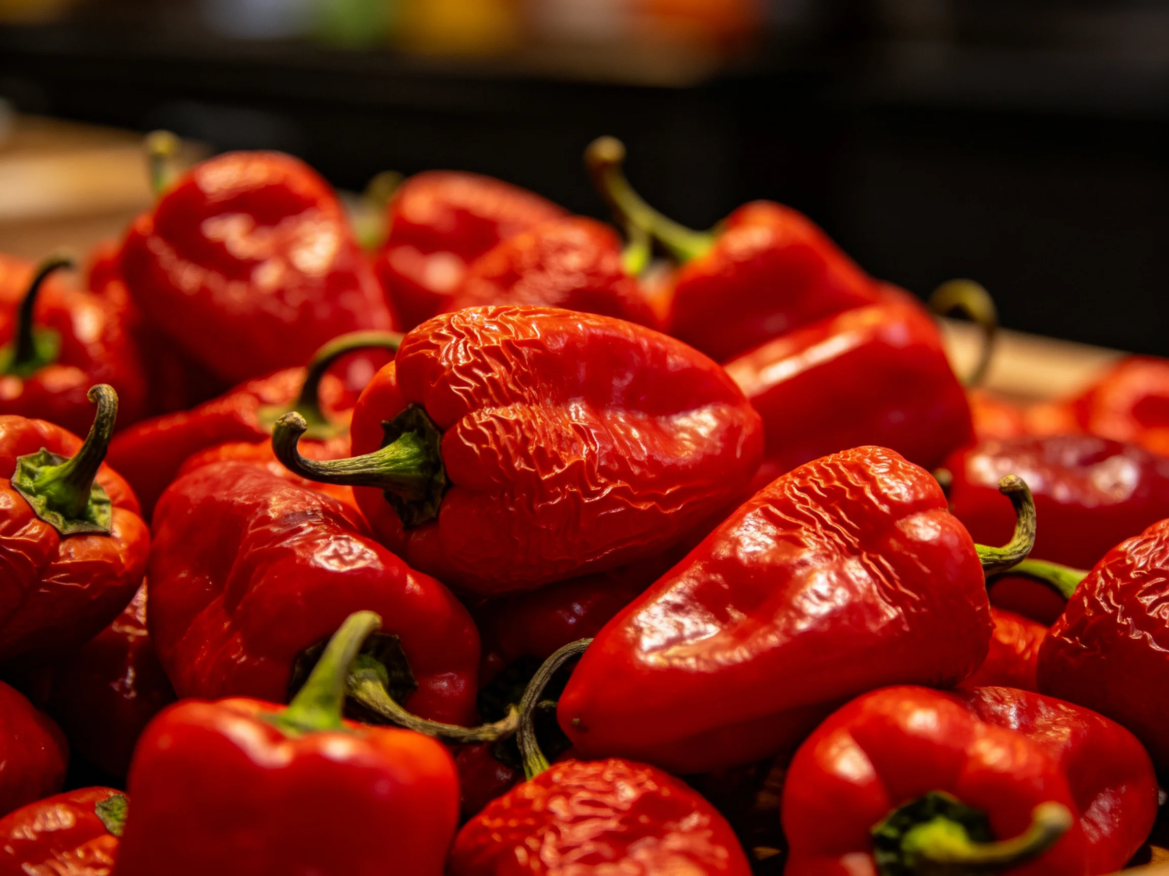 A large pile of glossy red bell peppers with green stems